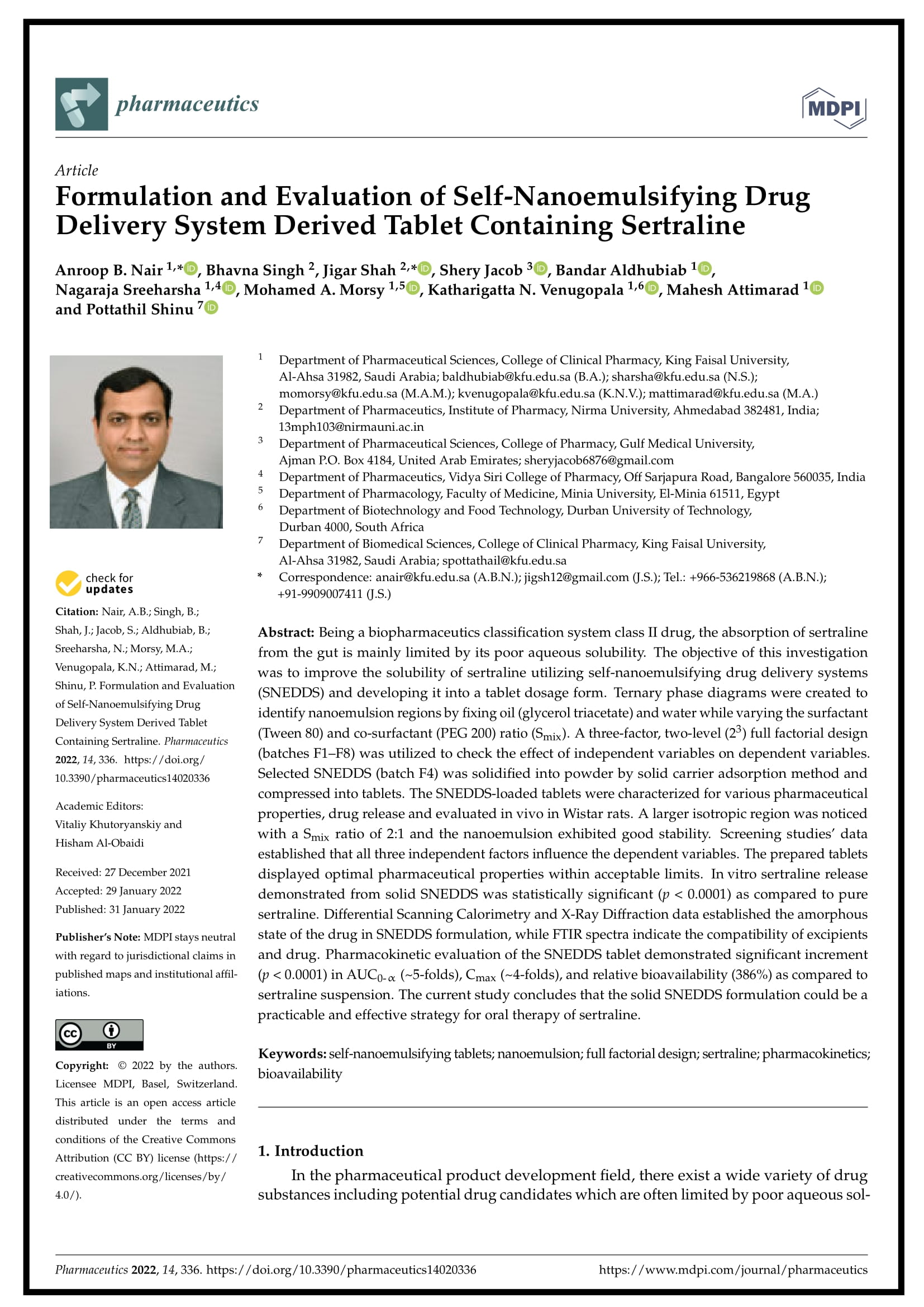 Formulation and Evaluation of Self-Nanoemulsifying Drug Delivery System Derived Tablet Containing Sertraline