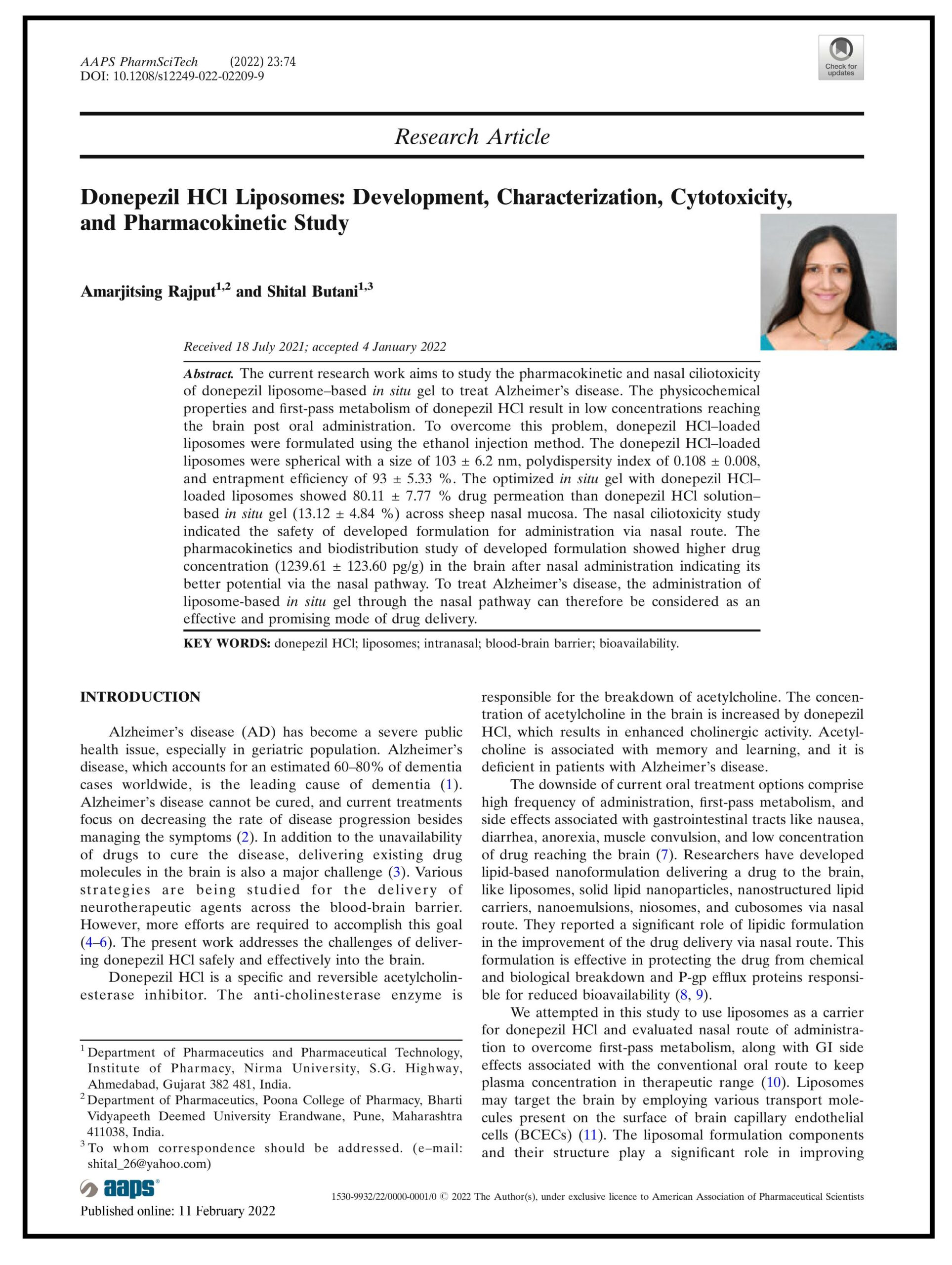 Donepezil HCl Liposomes: Development, Characterization, Cytotoxicity,and Pharmacokinetic Study