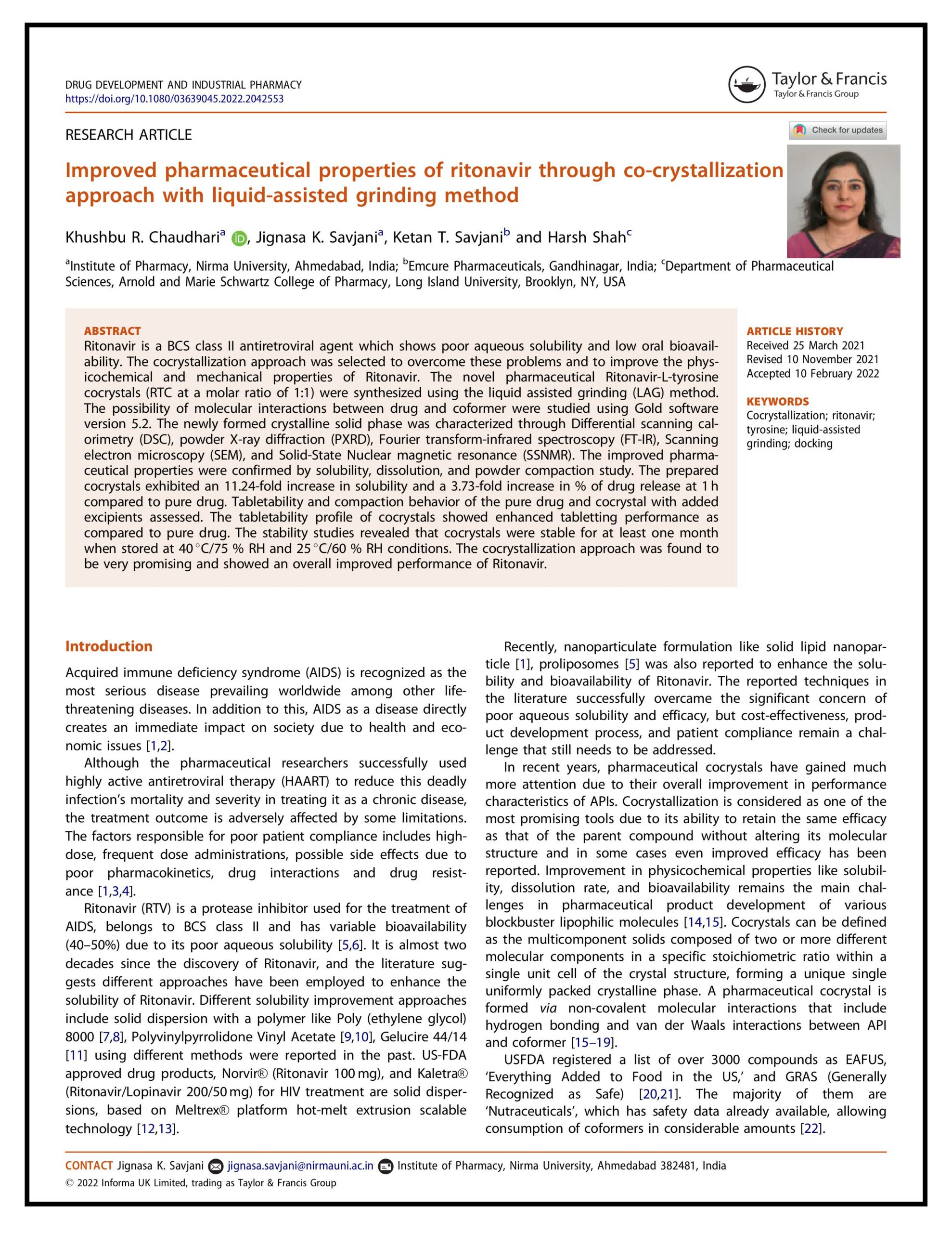 Improved pharmaceutical properties of ritonavir through co-crystallization approach with liquid-assisted grinding method by Pharmacokinetic Modelling