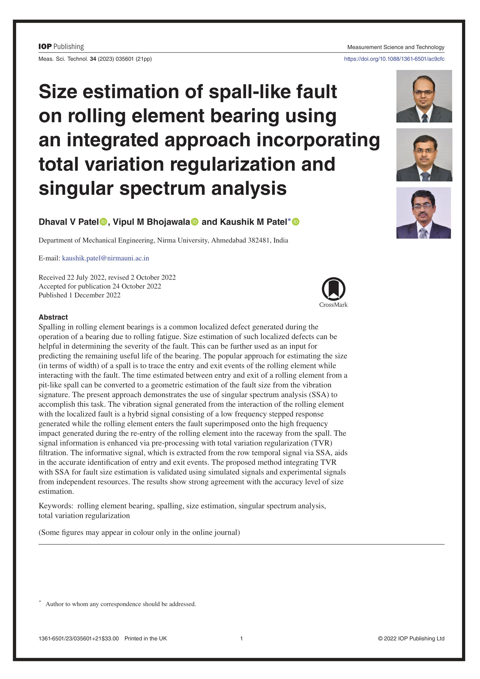 Size estimation of spall-like fault on rolling element bearing using an integrated approach incorporating total variation regularization and singular spectrum analysis