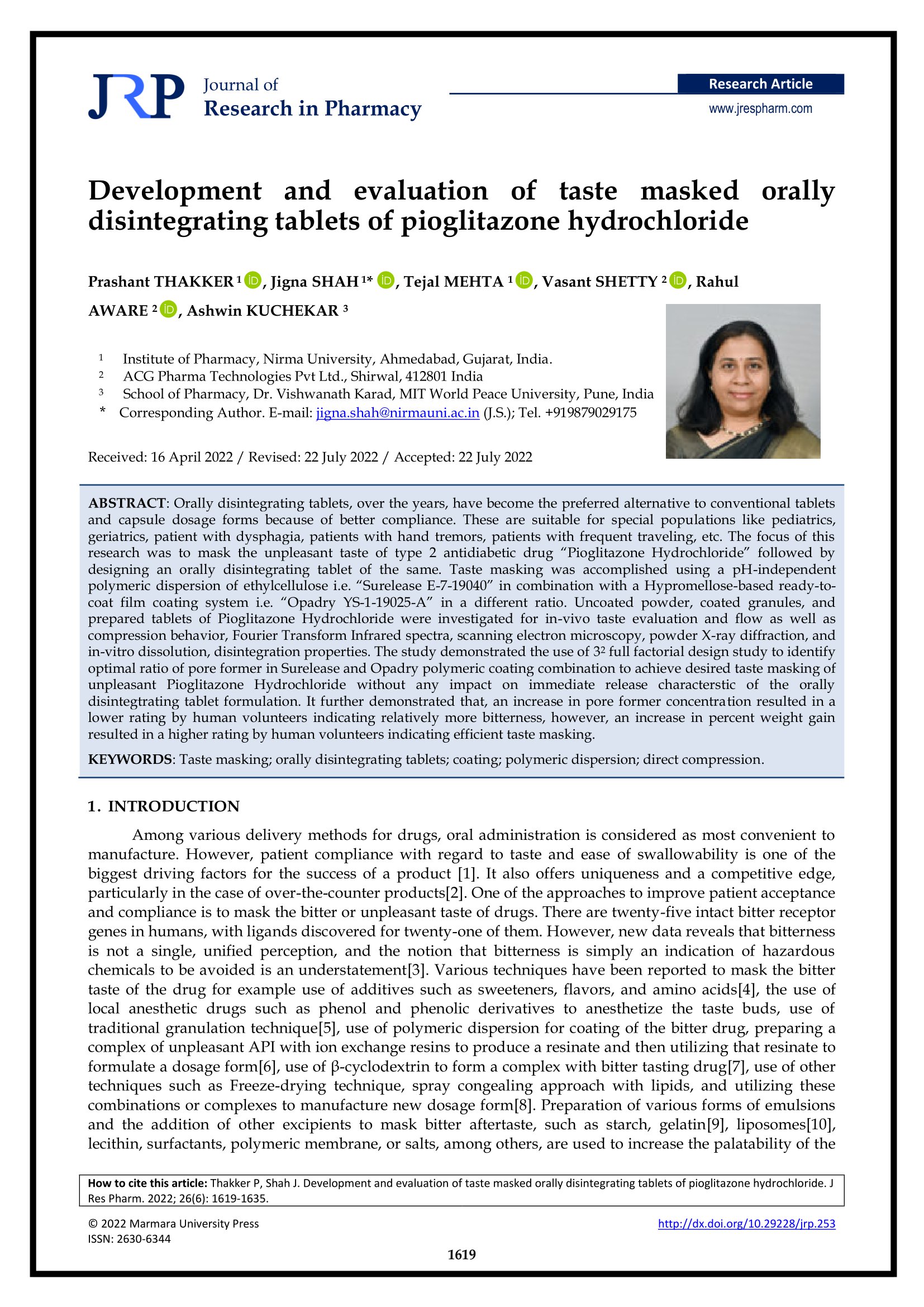 Development and evaluation of taste masked orally disintegrating tablets of pioglitazone hydrochloride