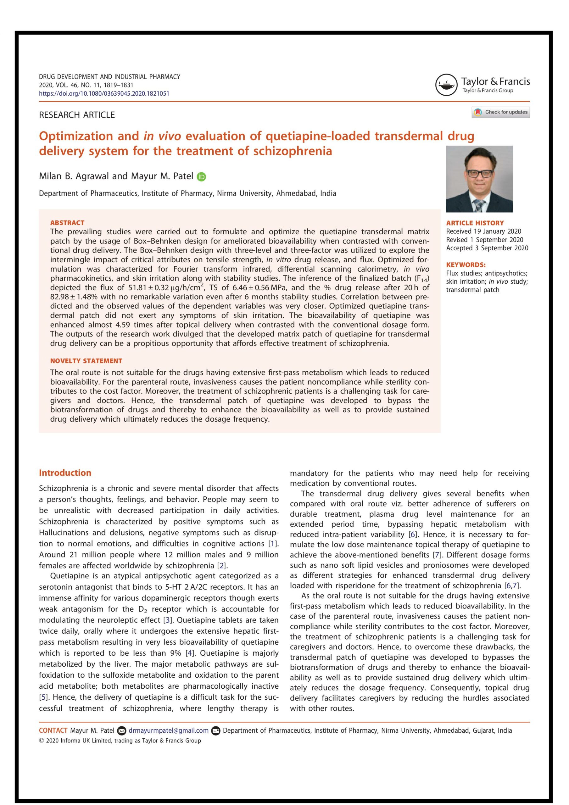 Optimization and in vivo evaluation of quetiapine-loaded transdermal drug delivery system for the treatment of schizophrenia