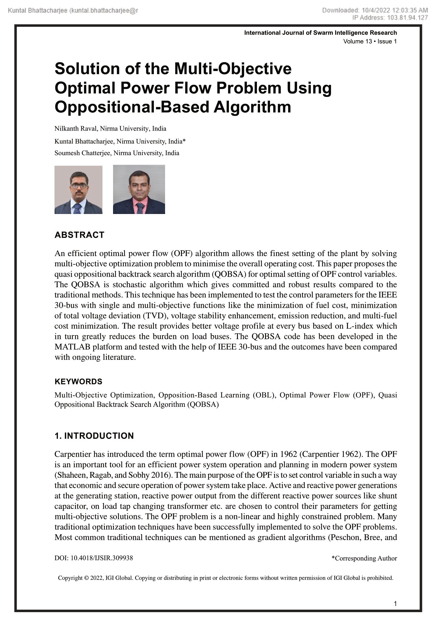 Solution of the Multi-Objective Optimal Power Flow Problem Using Oppositional-Based Algorithm