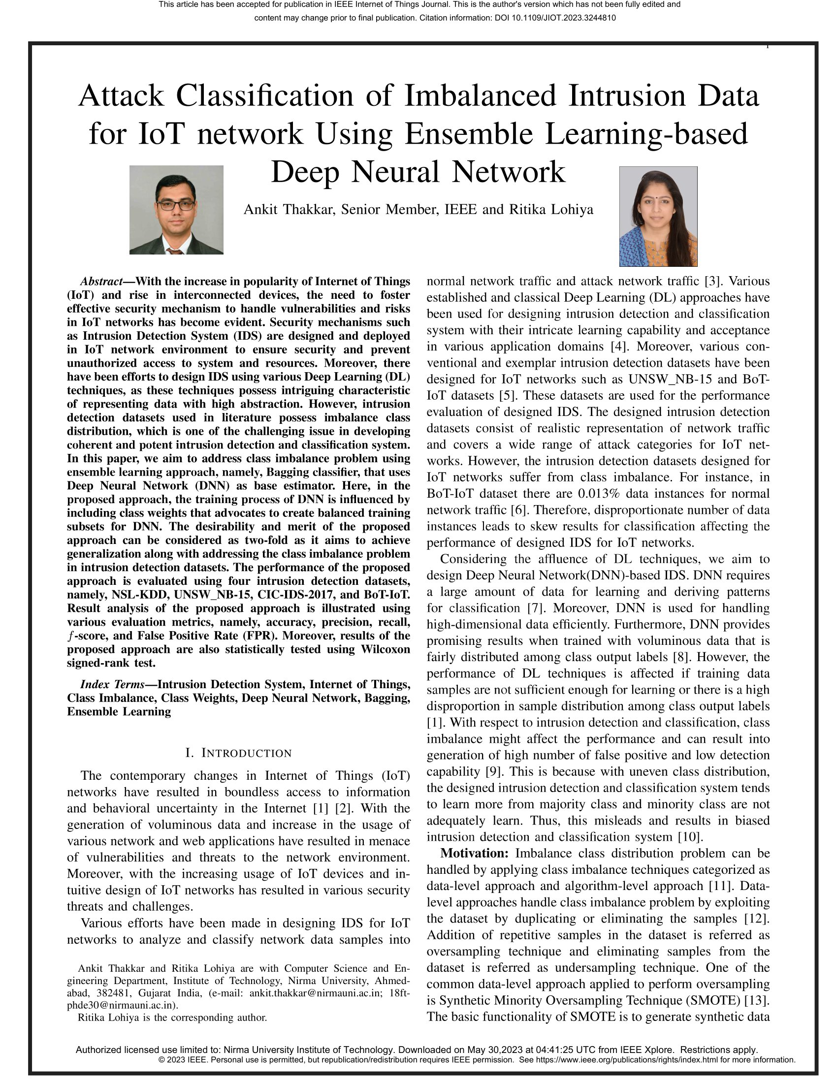 Attack Classification of Imbalanced Intrusion Data for IoT network Using Ensemble Learning-based Deep Neural Network