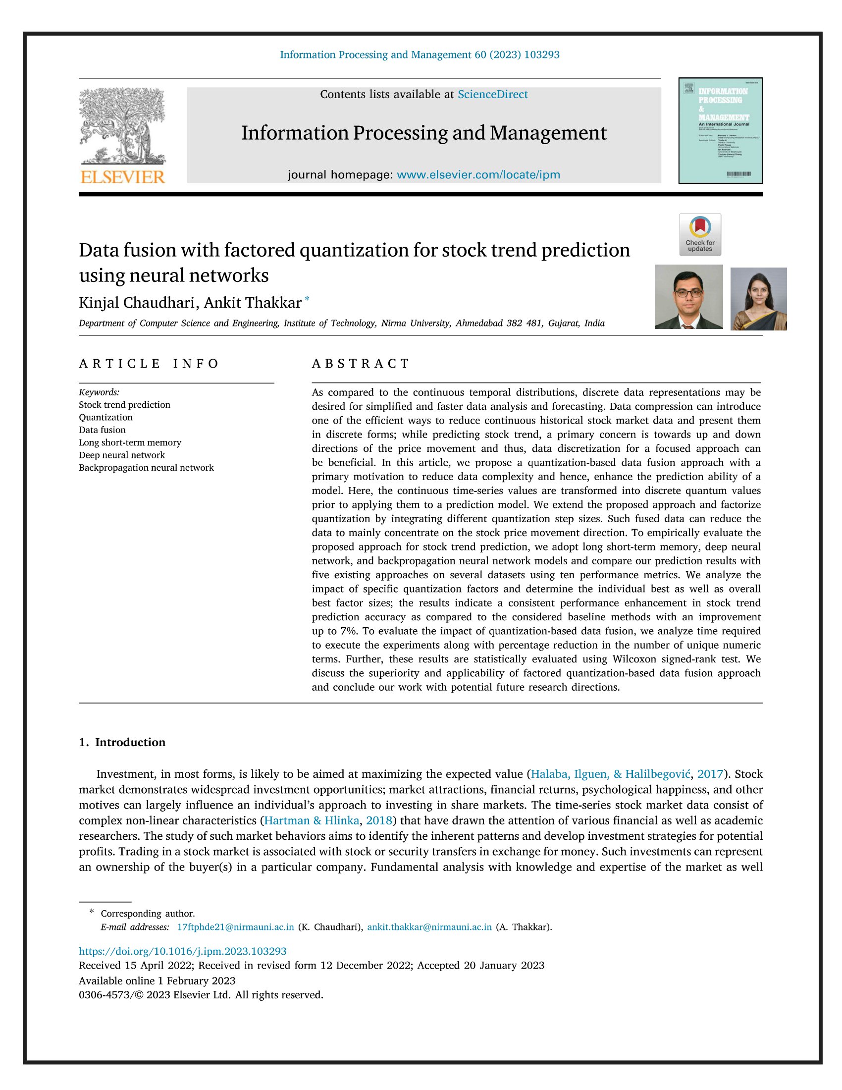 Data fusion with factored quantization for stock trend prediction using neural networks