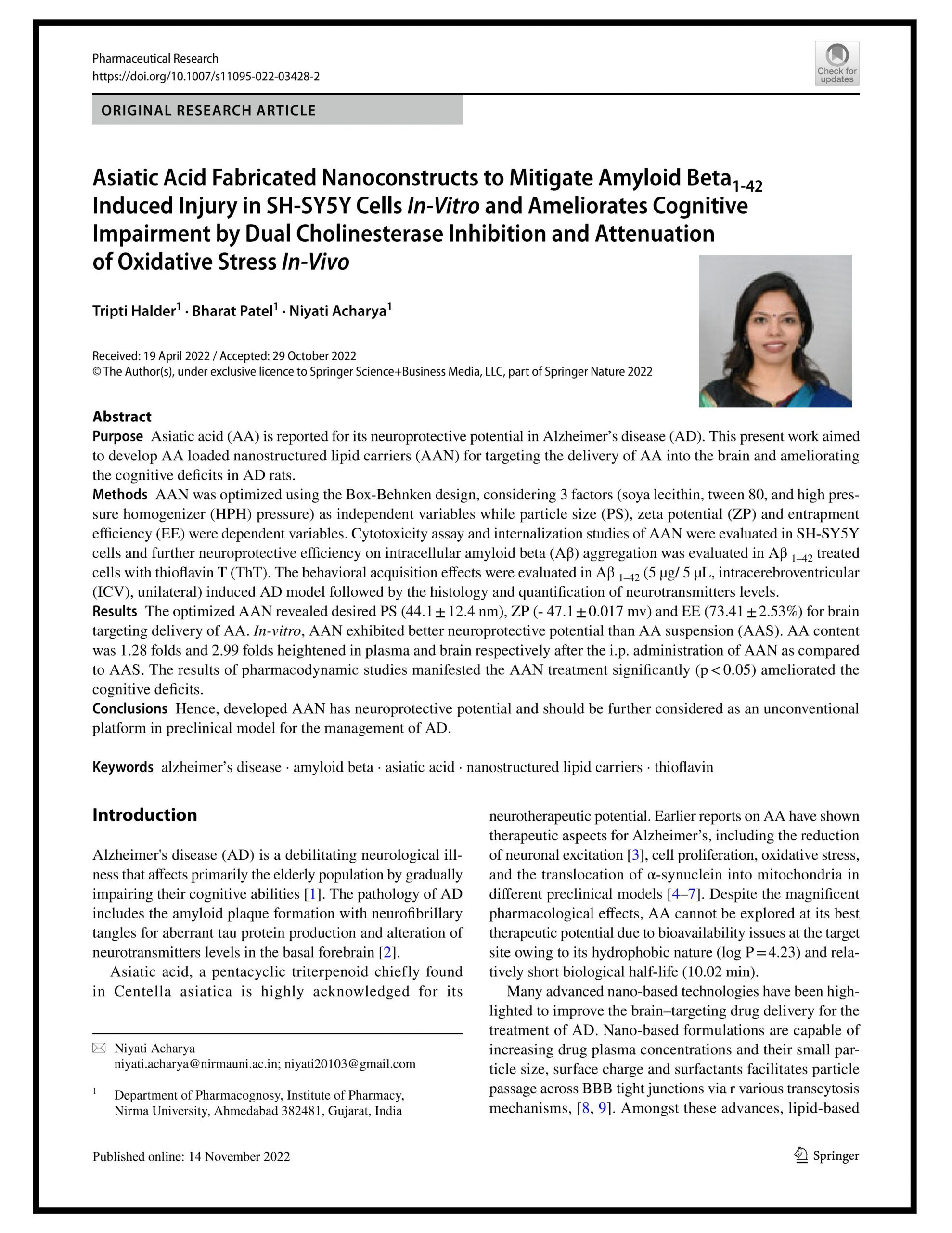 Asiatic Acid Fabricated Nanoconstructs to Mitigate Amyloid Beta1-42 Induced Injury in SH-SY5Y Cells In-Vitro and Ameliorates Cognitive Impairment by Dual Cholinesterase Inhibition and Attenuation of Oxidative Stress In-Vivo