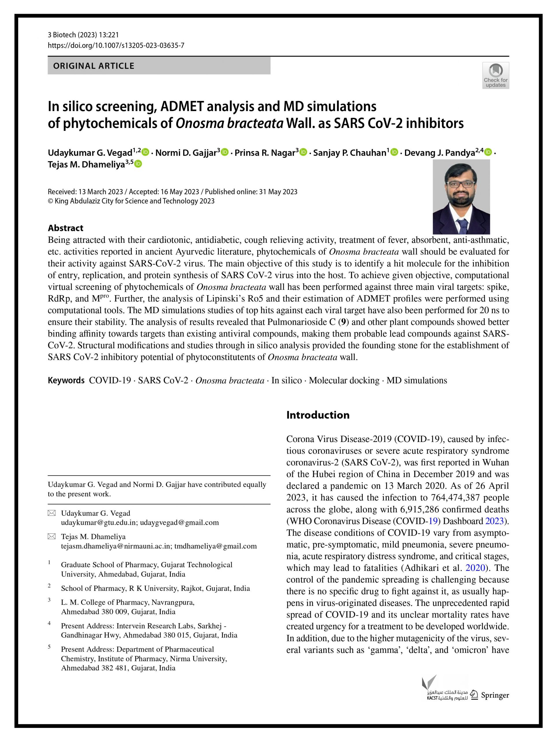 In silico screening, ADMET analysis and MD simulations of phytochemicals of Onosma bracteata Wall. as SARS CoV‑2 inhibitors