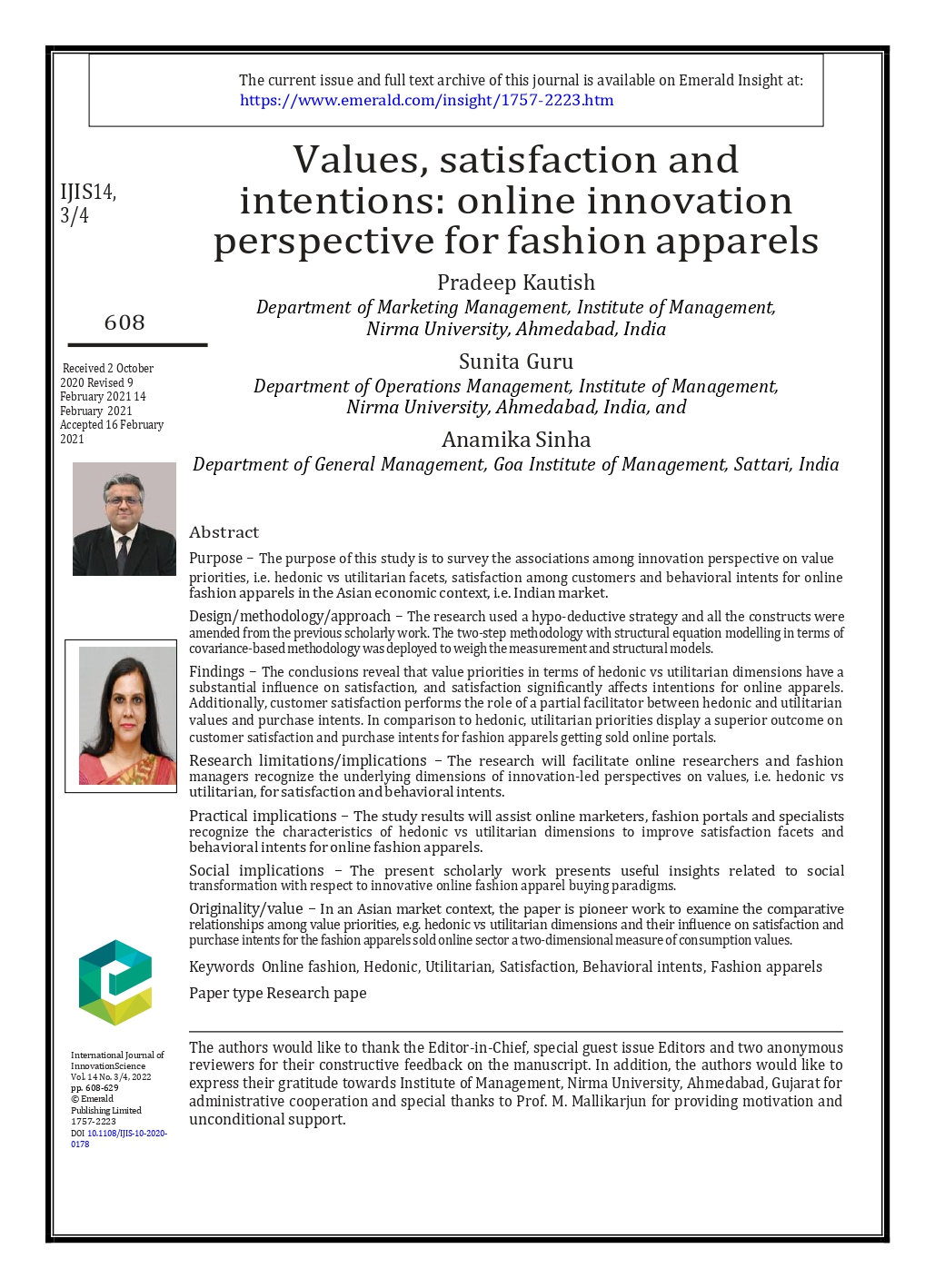 Values, satisfaction and intentions: online innovation perspective for fashion apparels