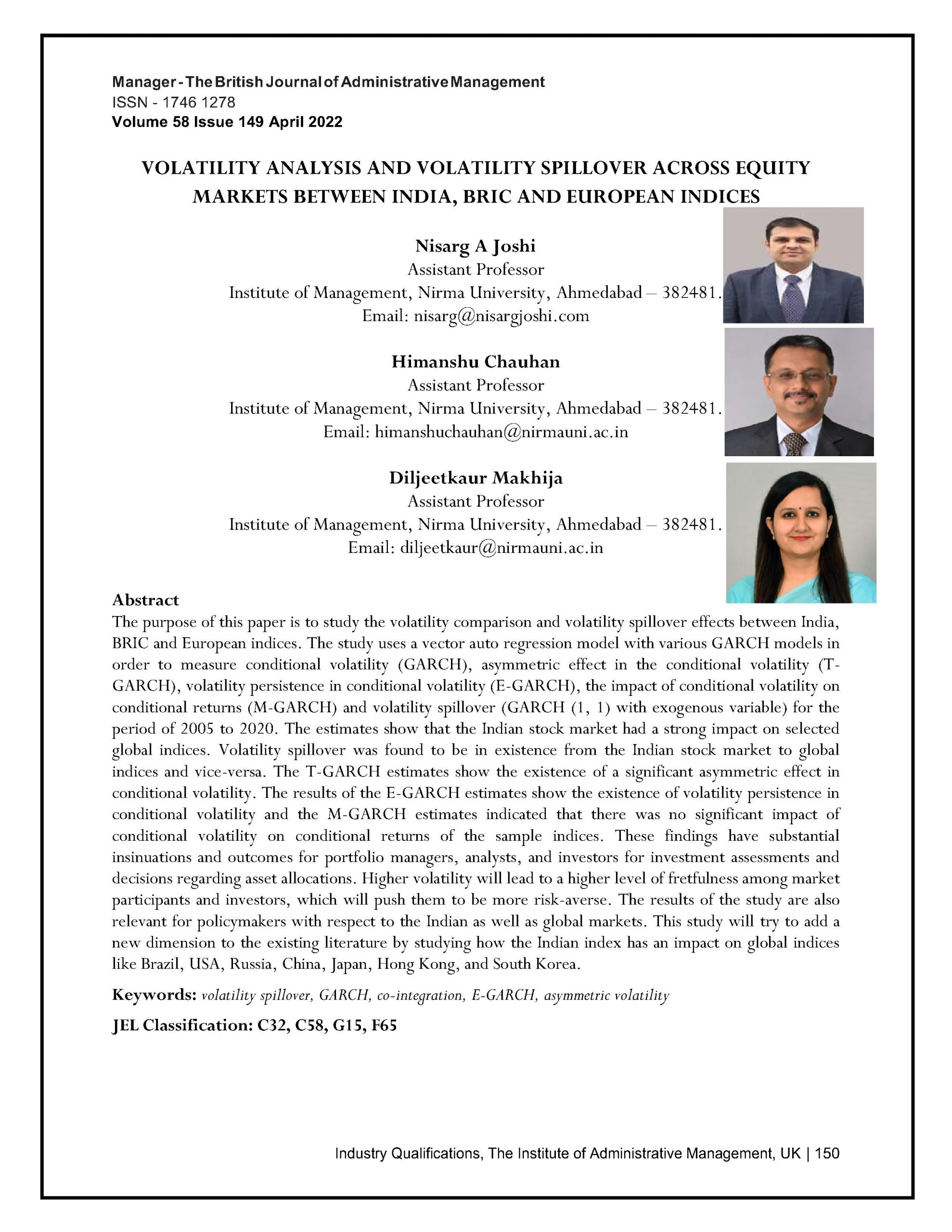 Volatility Analysis and Volatility Spillover across Equity Markets between India, BRIC and European Indices