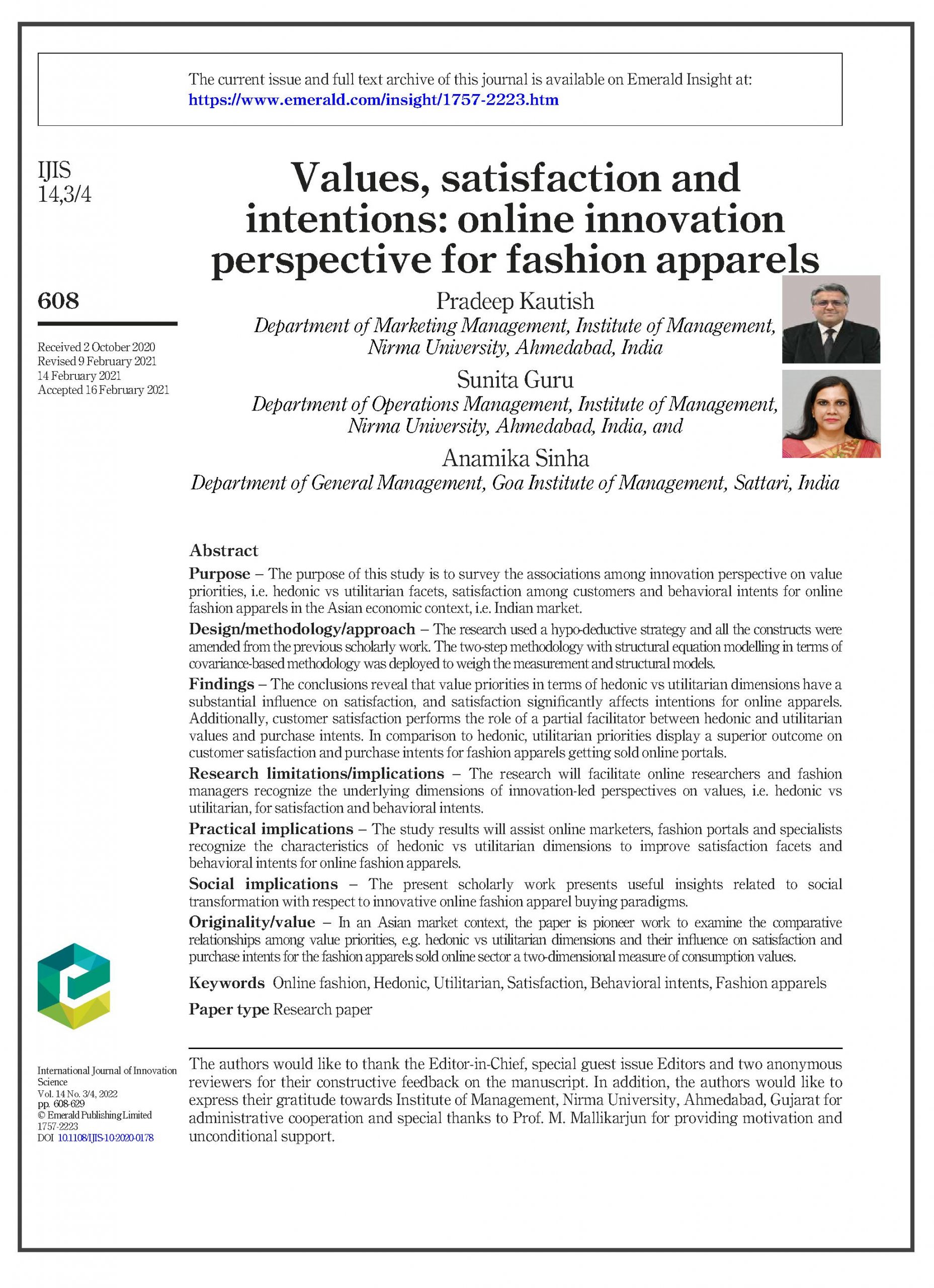 Values, satisfaction and intentions: online innovation perspective for fashion apparels
