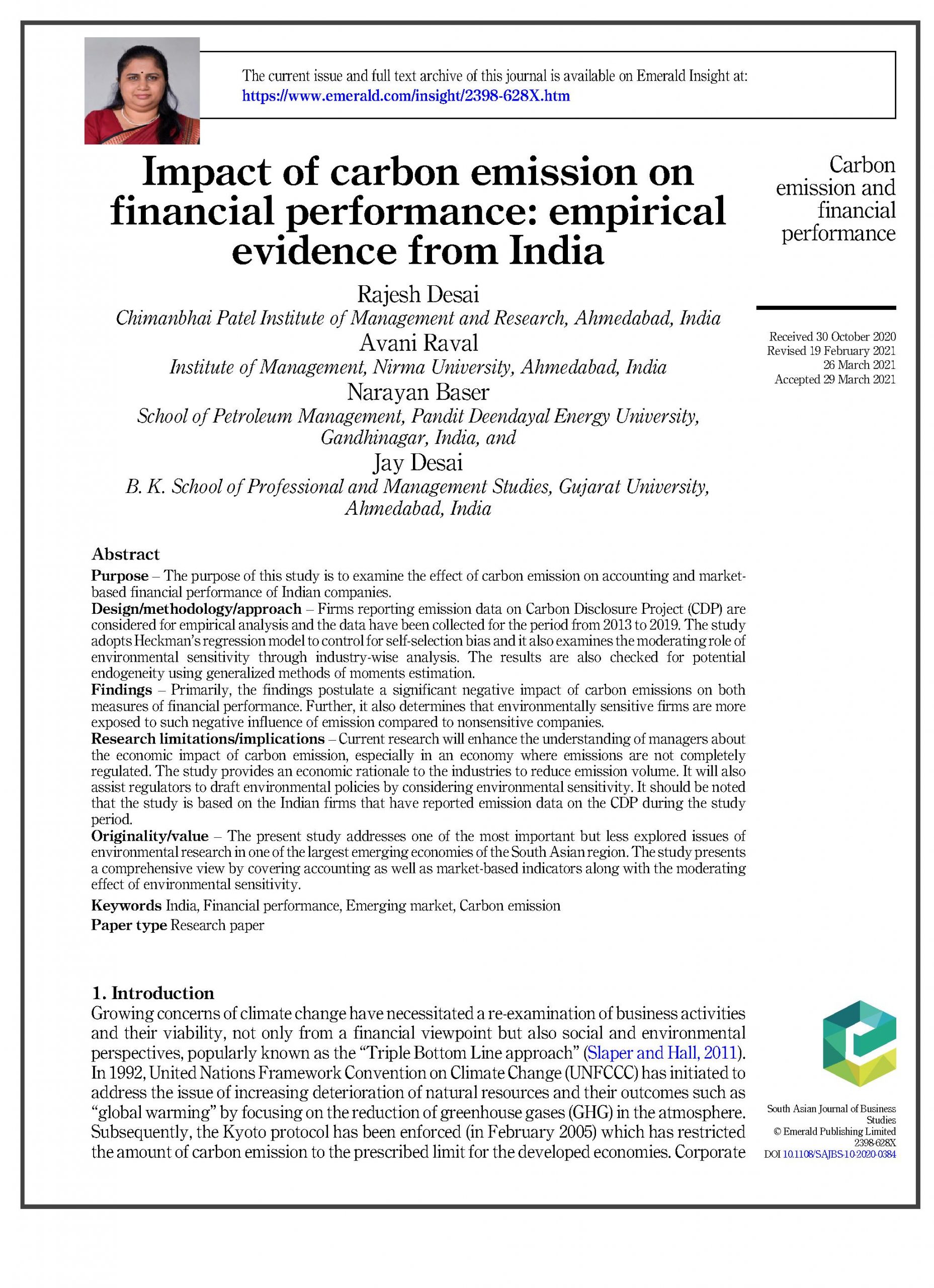 Impact of carbon emission on financial performance: empirical evidence from India