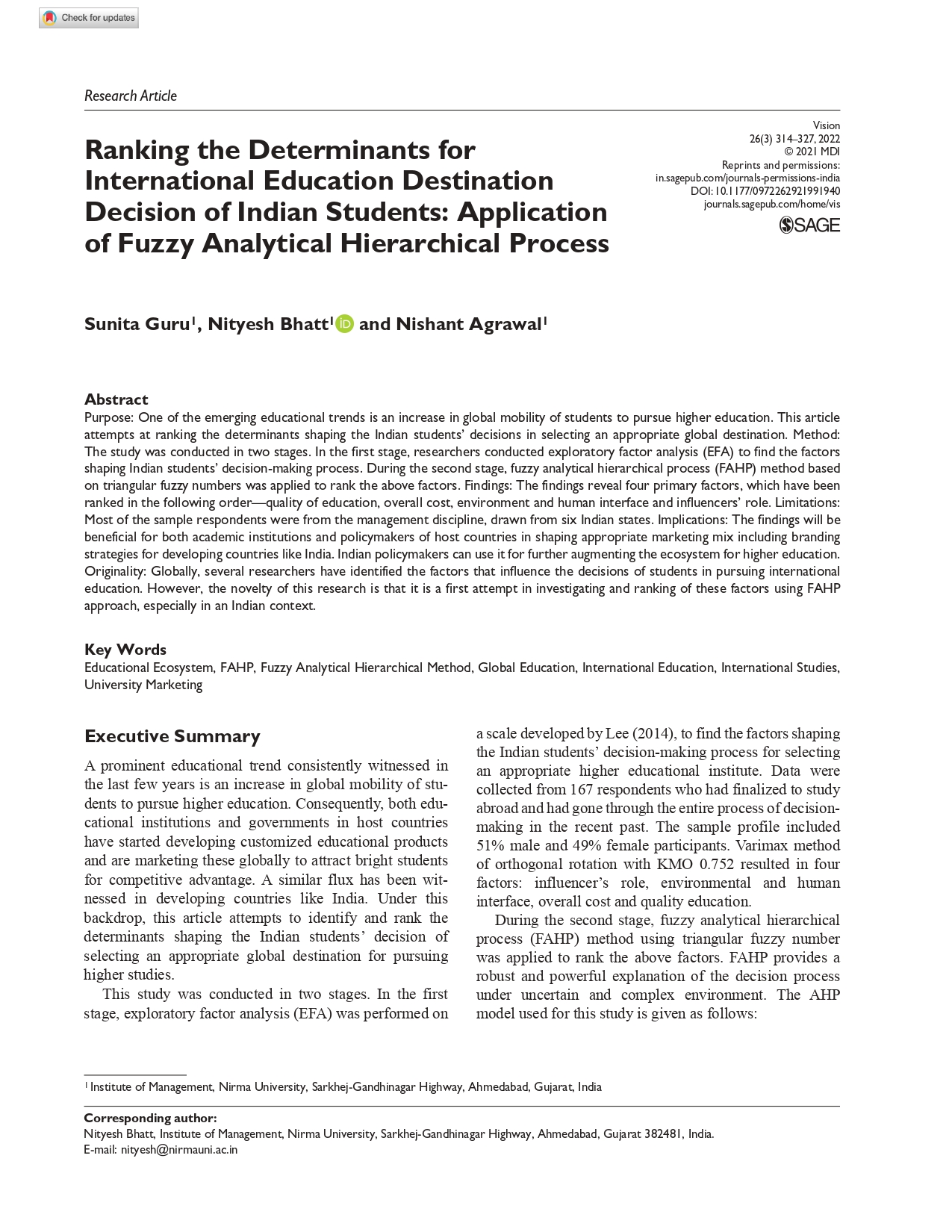Ranking the Determinants for International Education Destination Decision of Indian Students: Application of Fuzzy Analytical Hierarchical Process