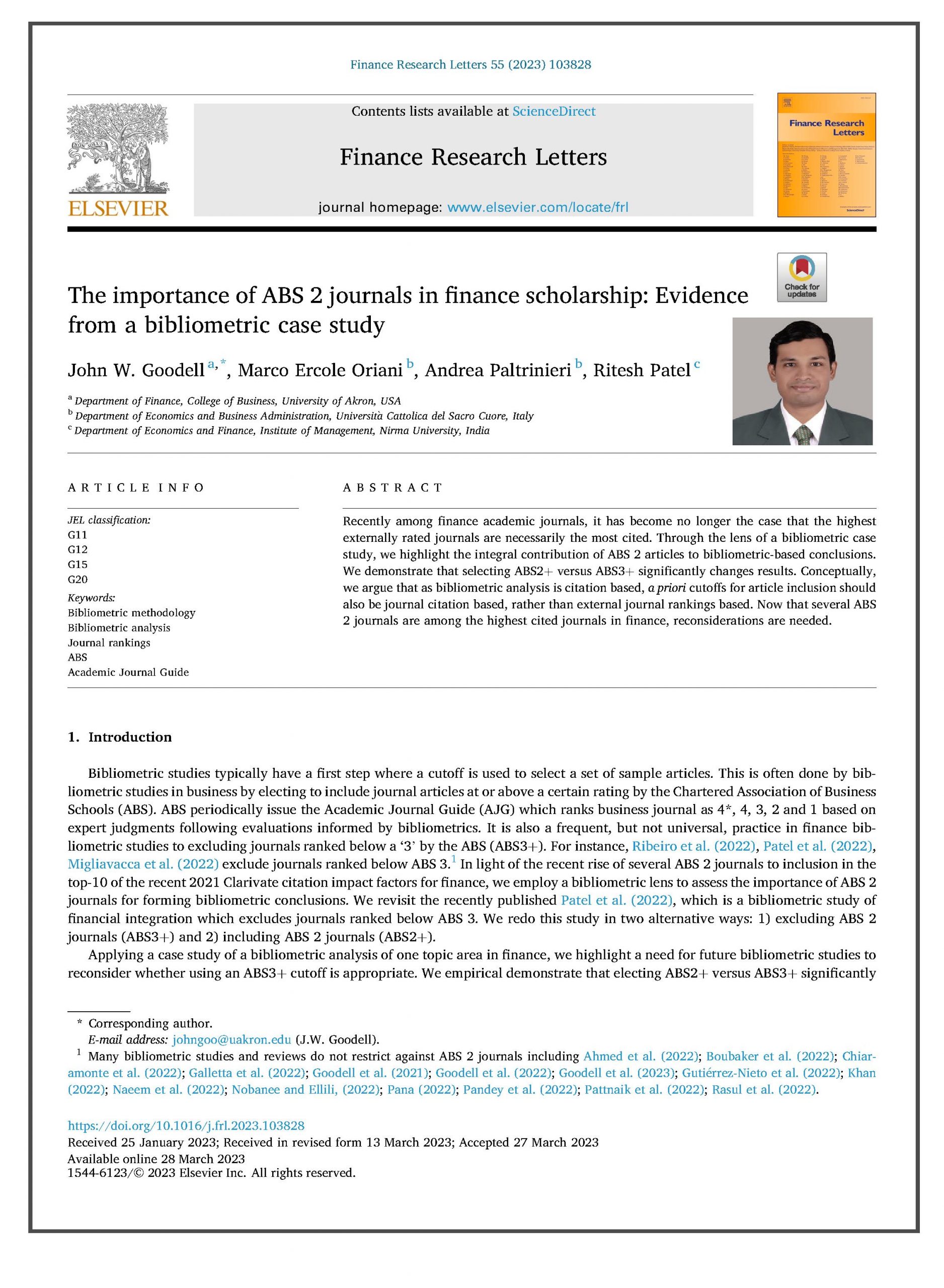The importance of ABS 2 journals in finance scholarship: Evidence from a bibliometric case study