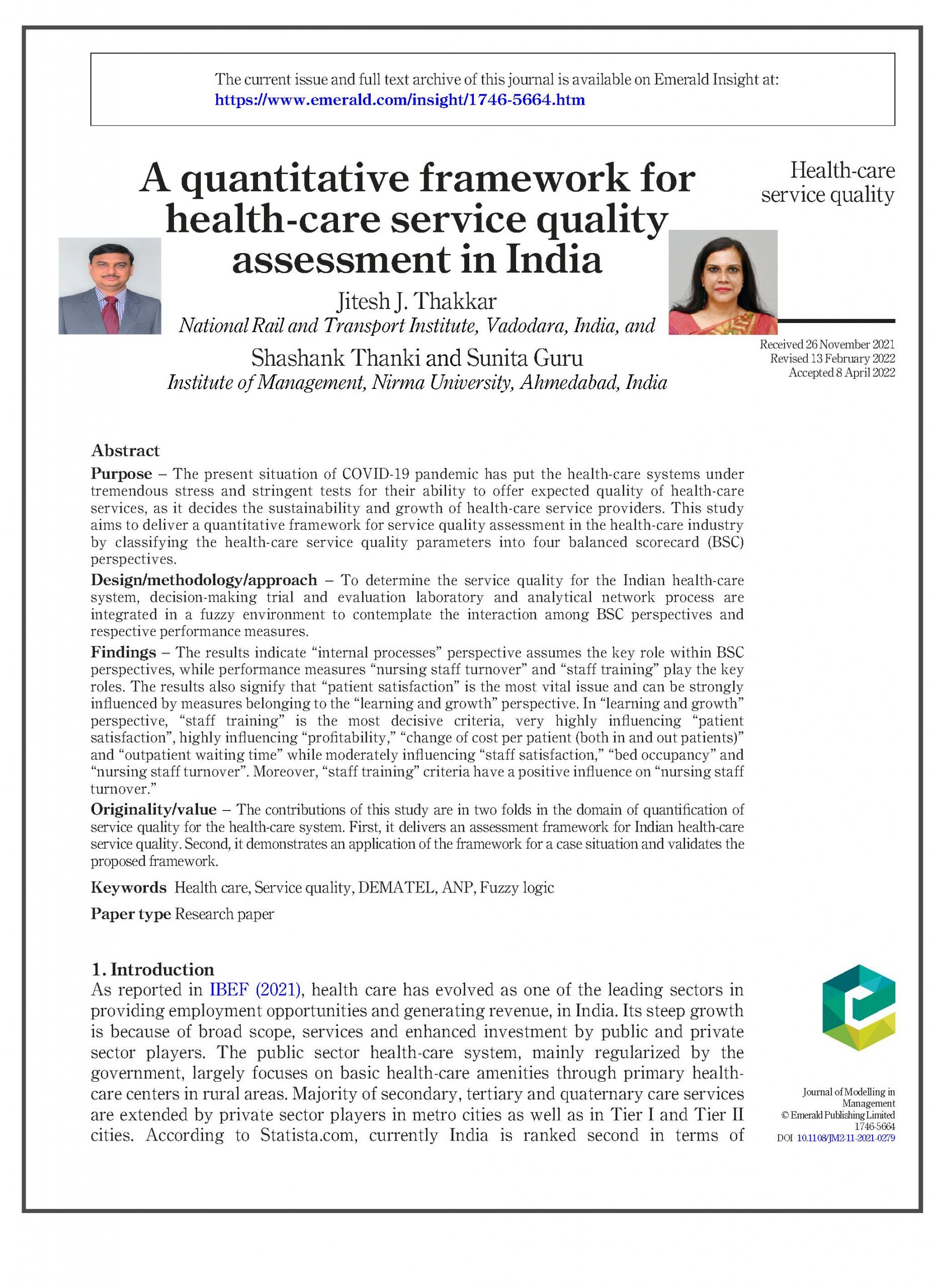 A quantitative framework for health? Care service quality assessment in India