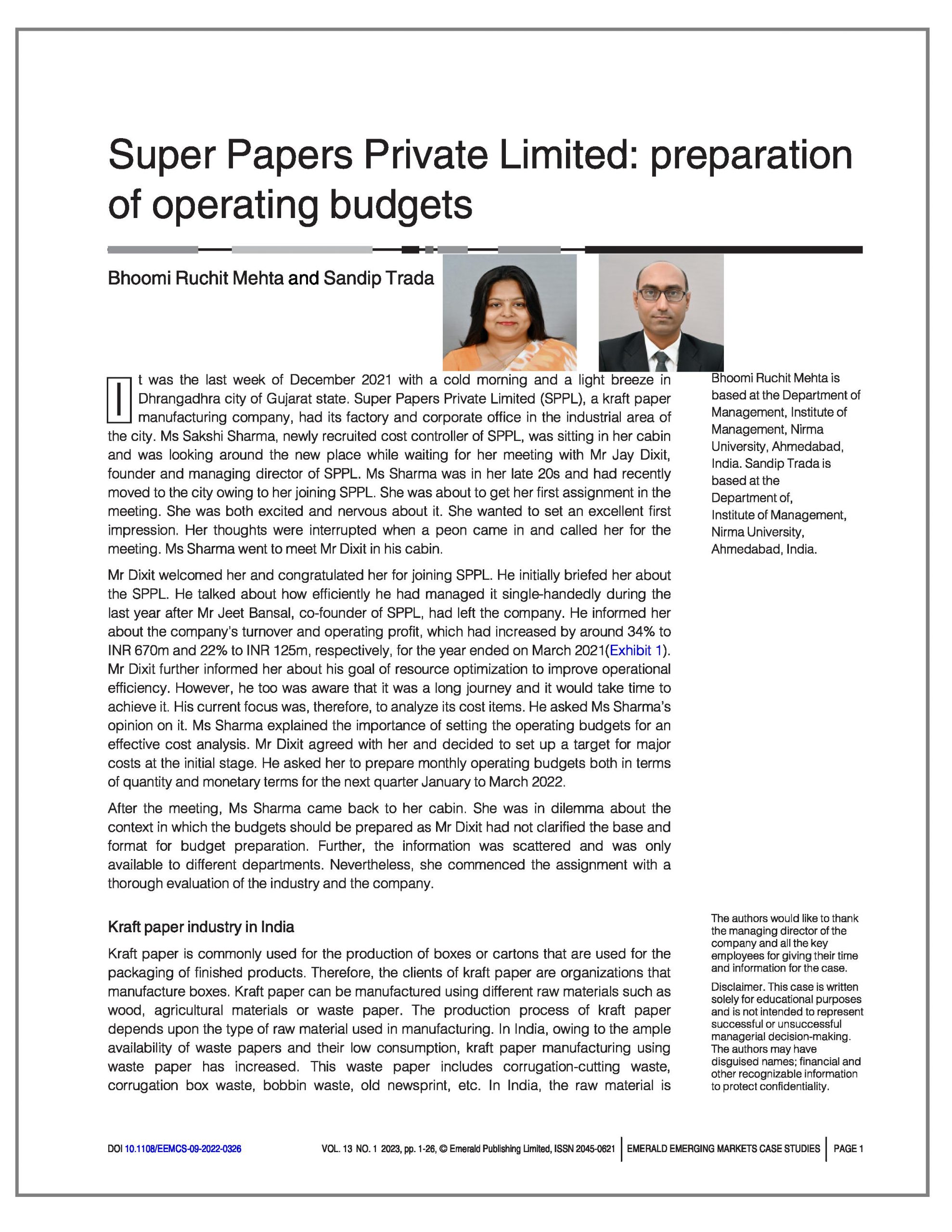 Super Papers Private Limited: Preparation of Operating Budgets