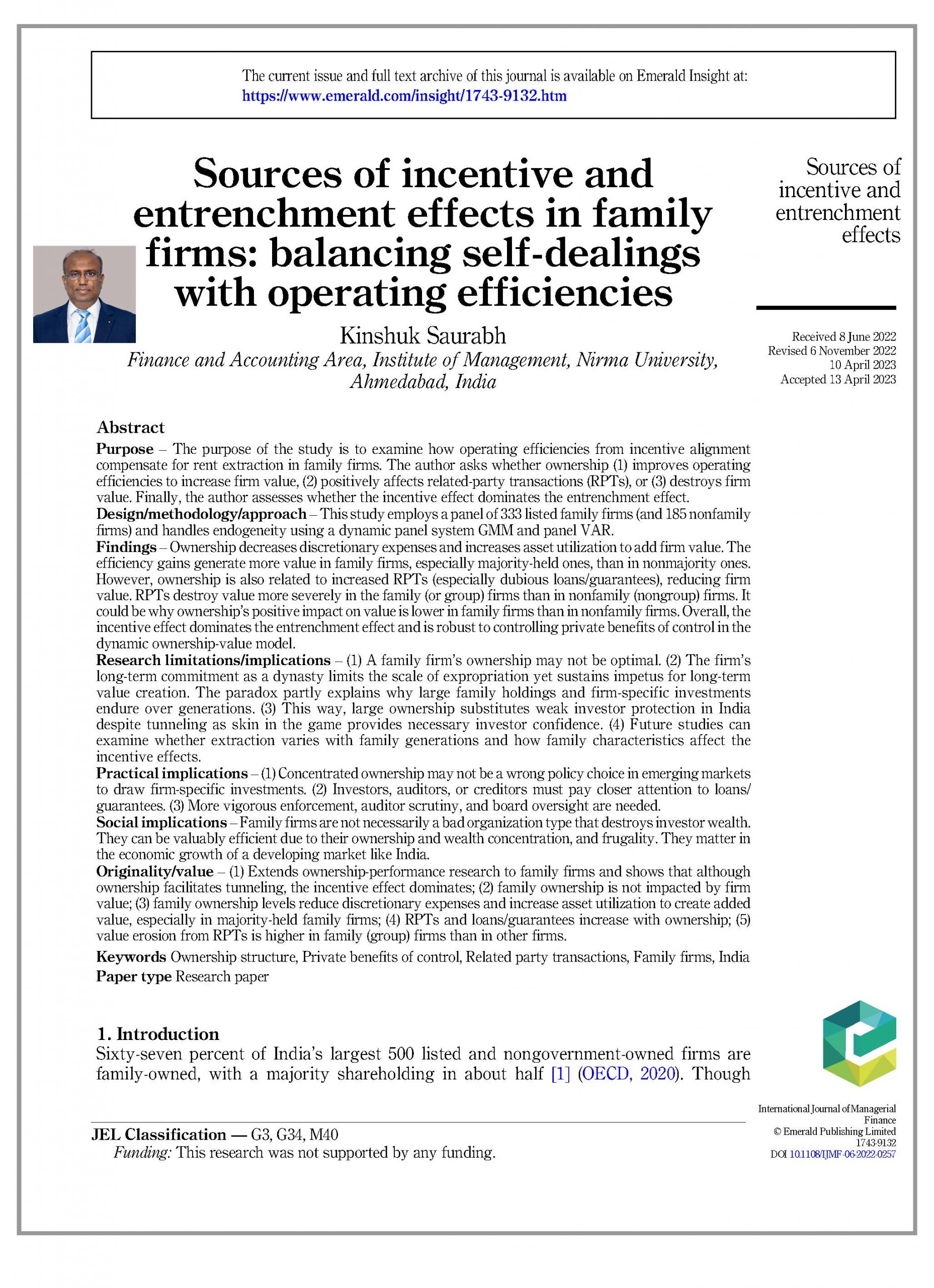 Sources of Incentive and entrenchment effects in family firms: balancing self-dealings with operating efficiencies