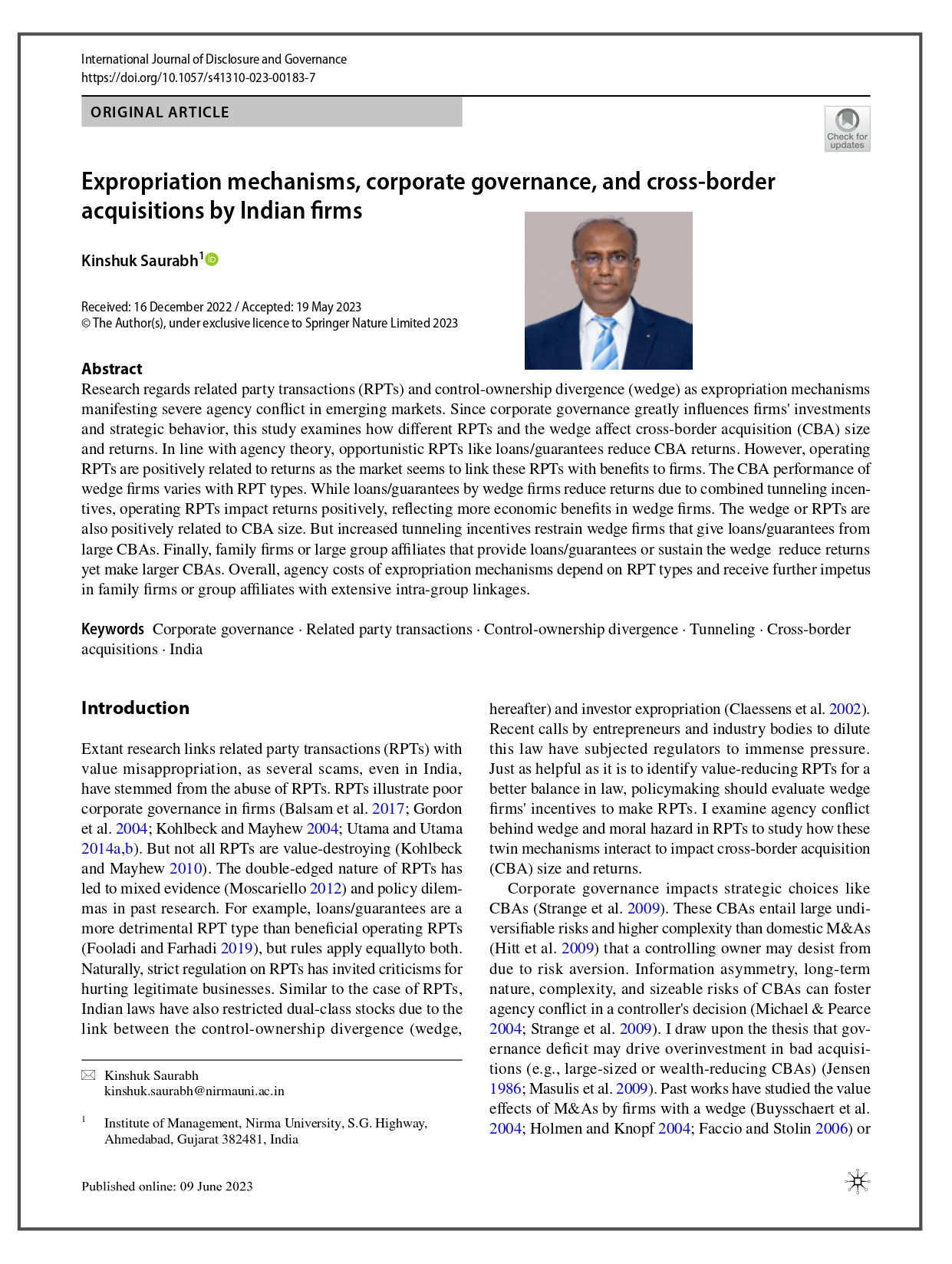 Expropriation mechanisms, corporate governance and cross-border acquisitions by Indian firms