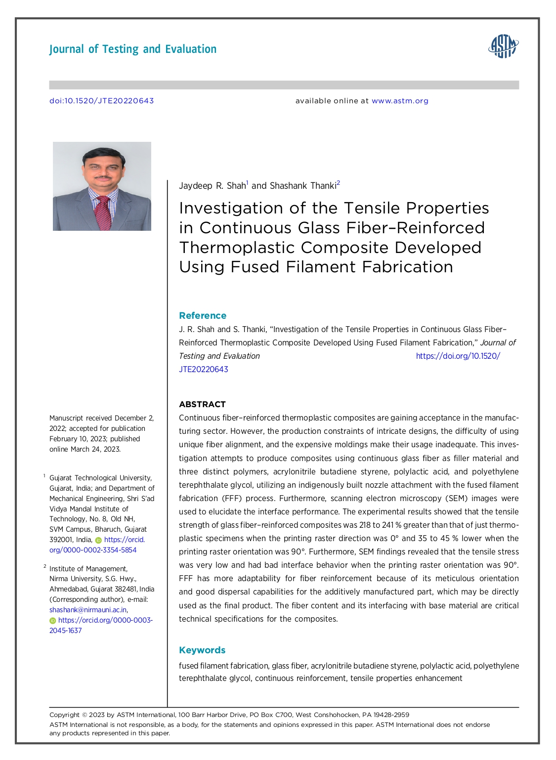 Investigation of the Tensile Properties in Continuous Glass Fiber–Reinforced Thermoplastic Composite Developed Using Fused Filament Fabrication