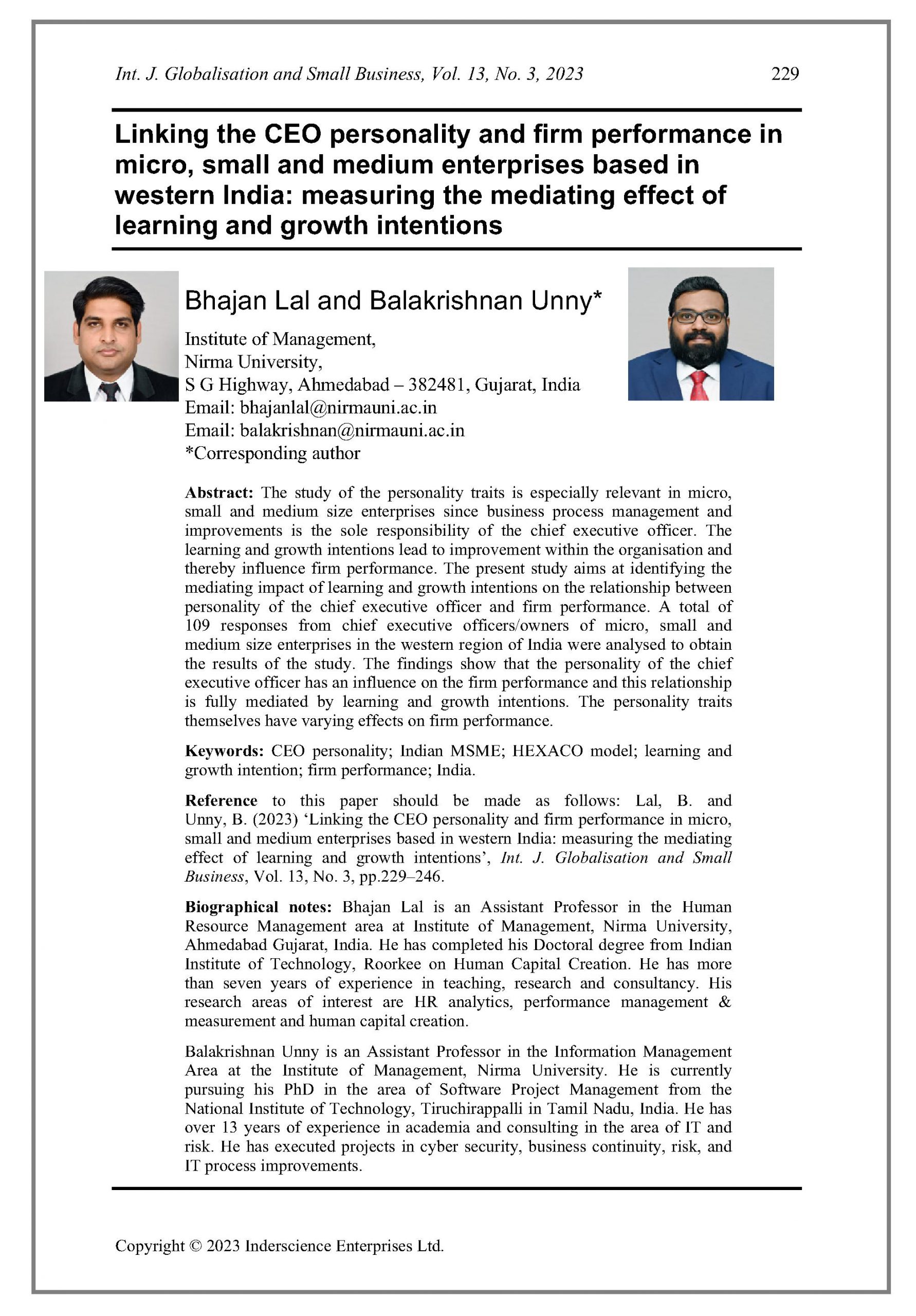 Linking the CEO personality and firm performance in micro, small and medium enterprises based in western India: measuring the mediating effect of learning and growth intentions