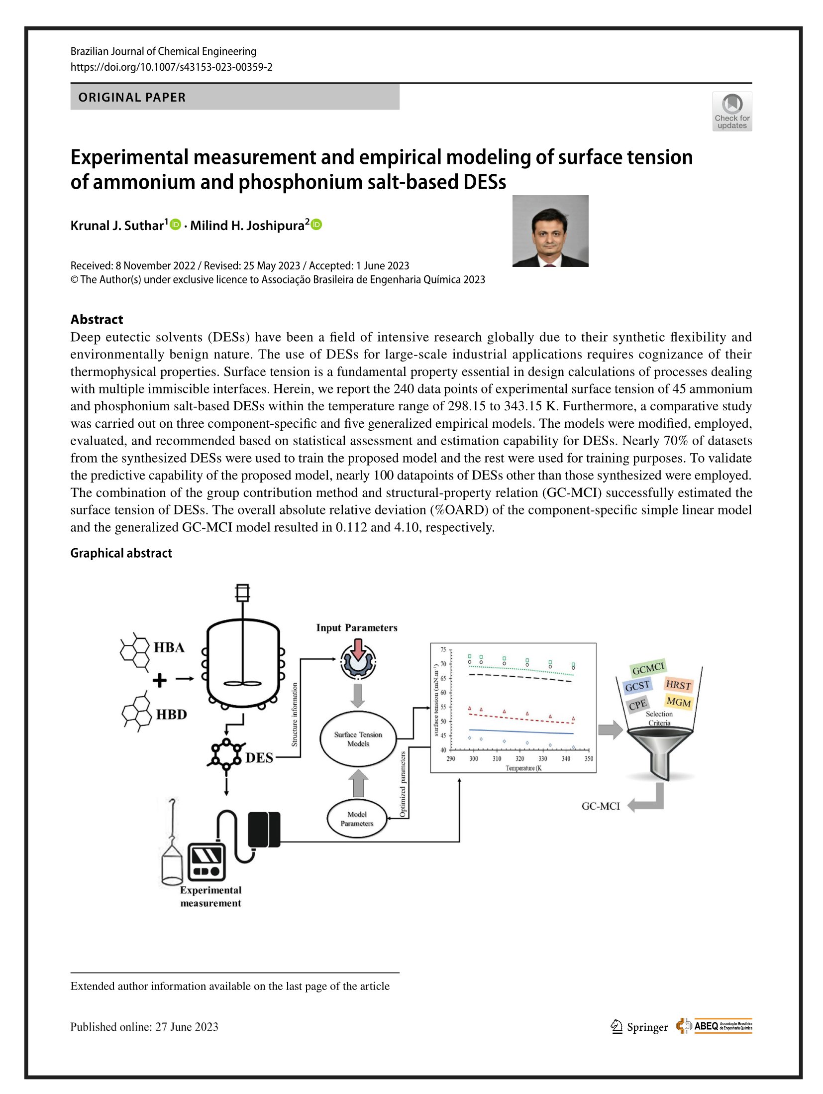 Experimental measurement and empirical modeling of surface tension of ammonium and phosphonium salt‑based DESs