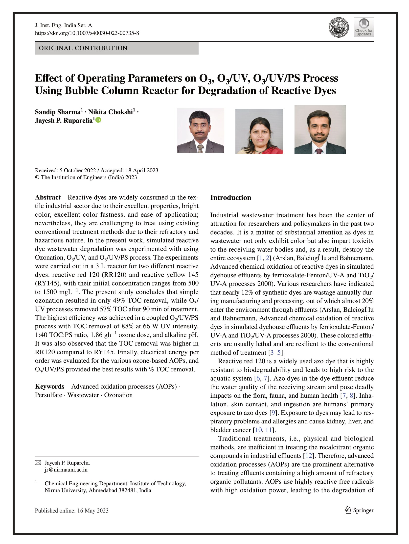 Effect of Operating Parameters on O3, O3/ UV, O3/ UV/PS Process Using Bubble Column Reactor for Degradation of Reactive Dyes