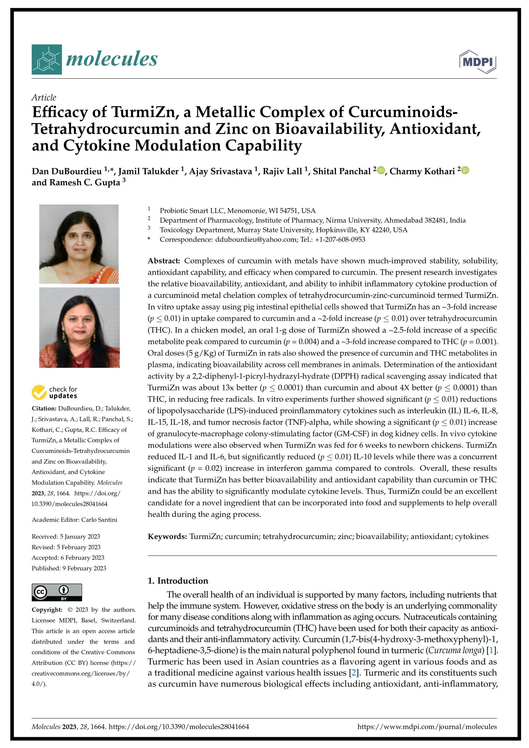 Efficacy of TurmiZn, a Metallic Complex of Curcuminoids-Tetrahydrocurcumin and Zinc on Bioavailability, Antioxidant, and Cytokine Modulation Capability