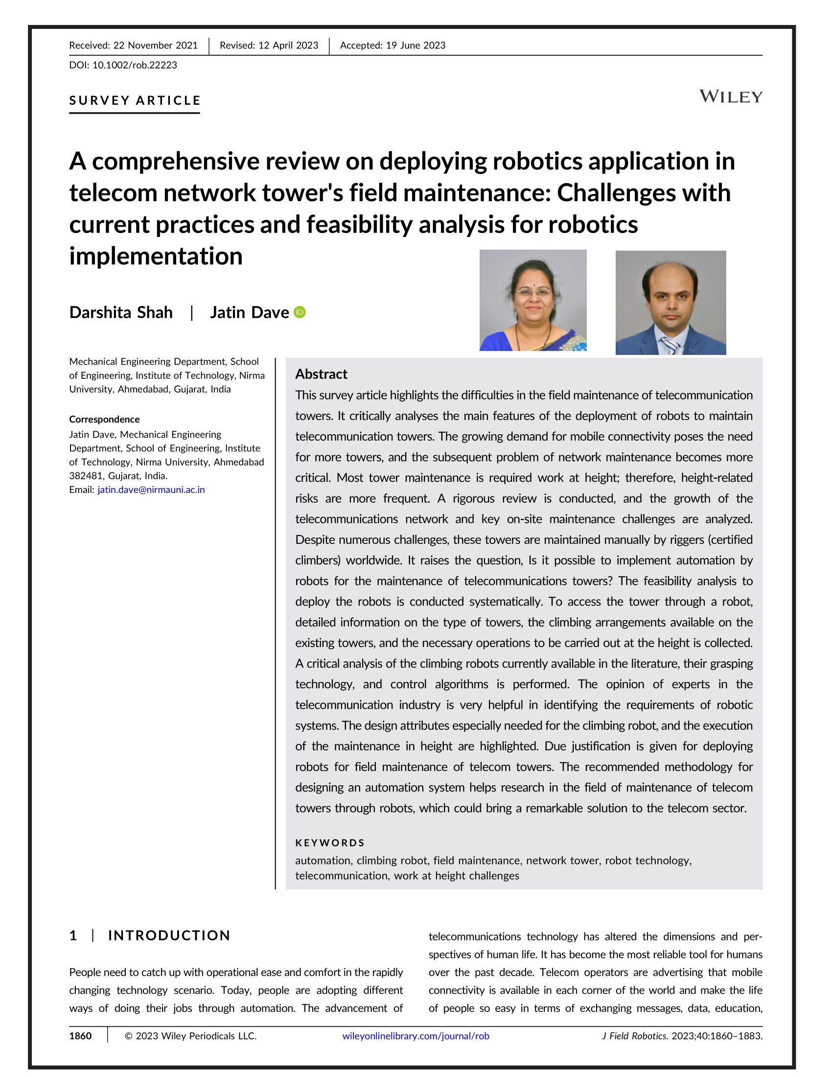 A comprehensive review on deploying robotics application in telecom network tower’s field maintenance: Challenges with current practices and feasibility analysis for robotics implementation