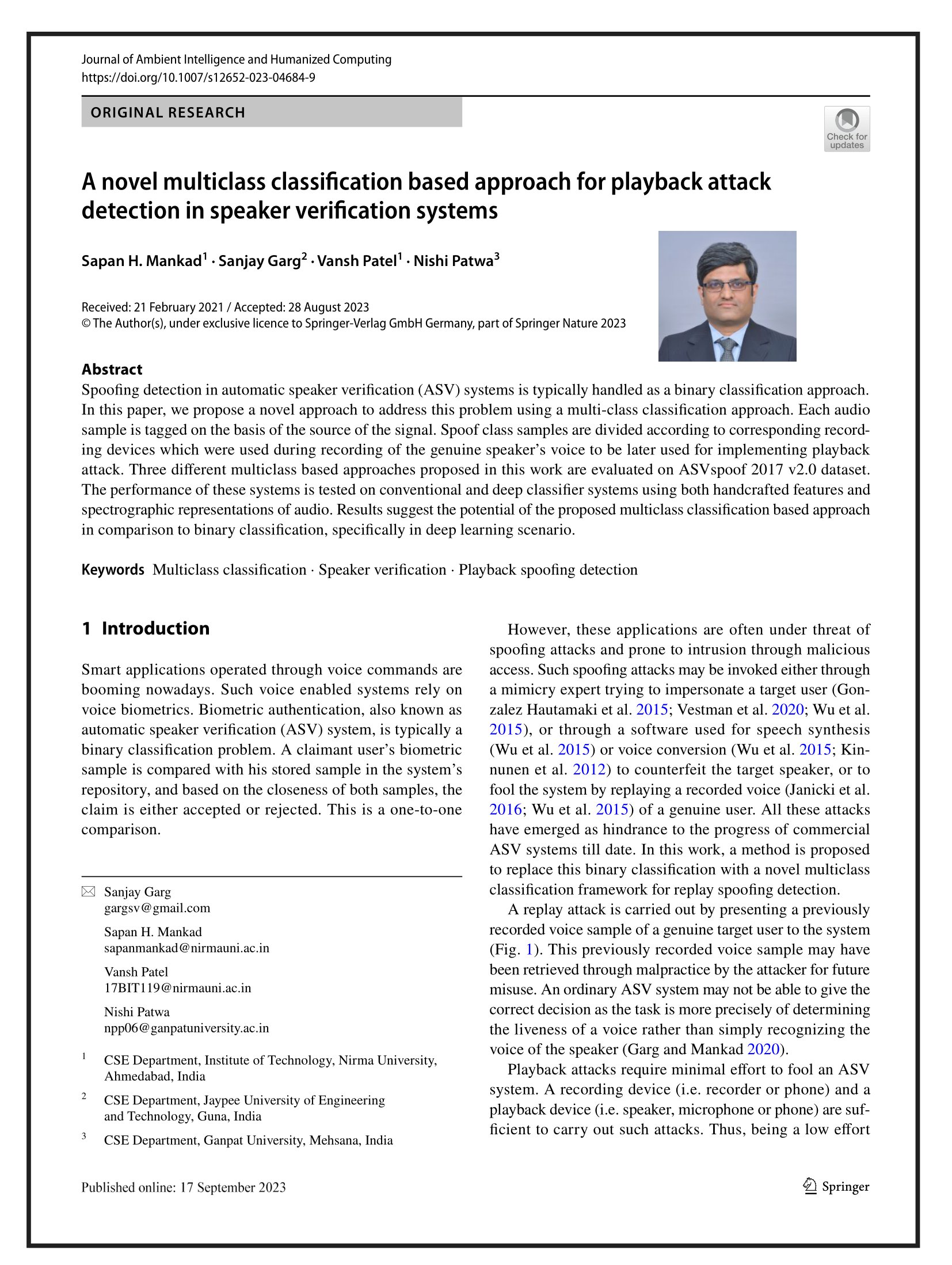 A novel multiclass classification based approach for playback attack detection in speaker verification systems