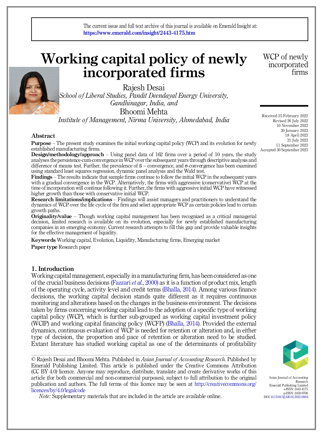 Working capital policy of newly incorporated firms