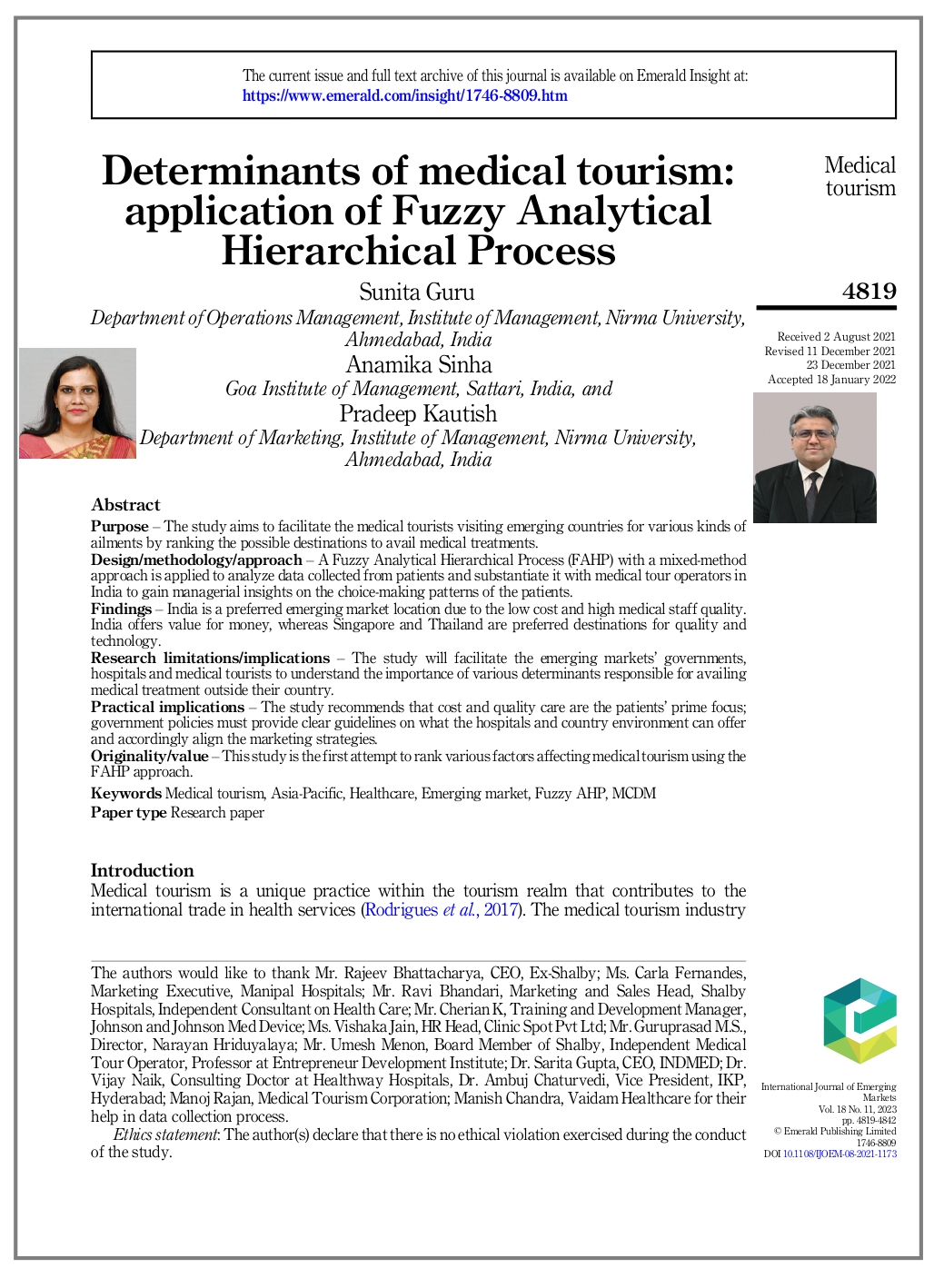 Determinants of medical tourism: application of Fuzzy Analytical Hierarchical Process