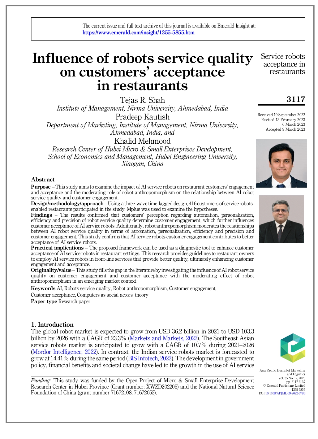 Influence of robots service quality on customers’ acceptance in restaurants