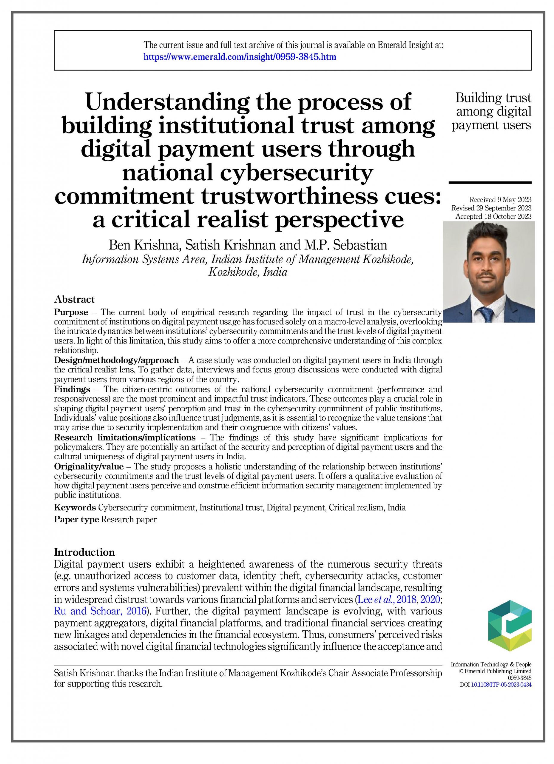 Understanding the process of building institutional trust among digital payment users through national cybersecurity commitment trustworthiness cues: a critical realist perspective