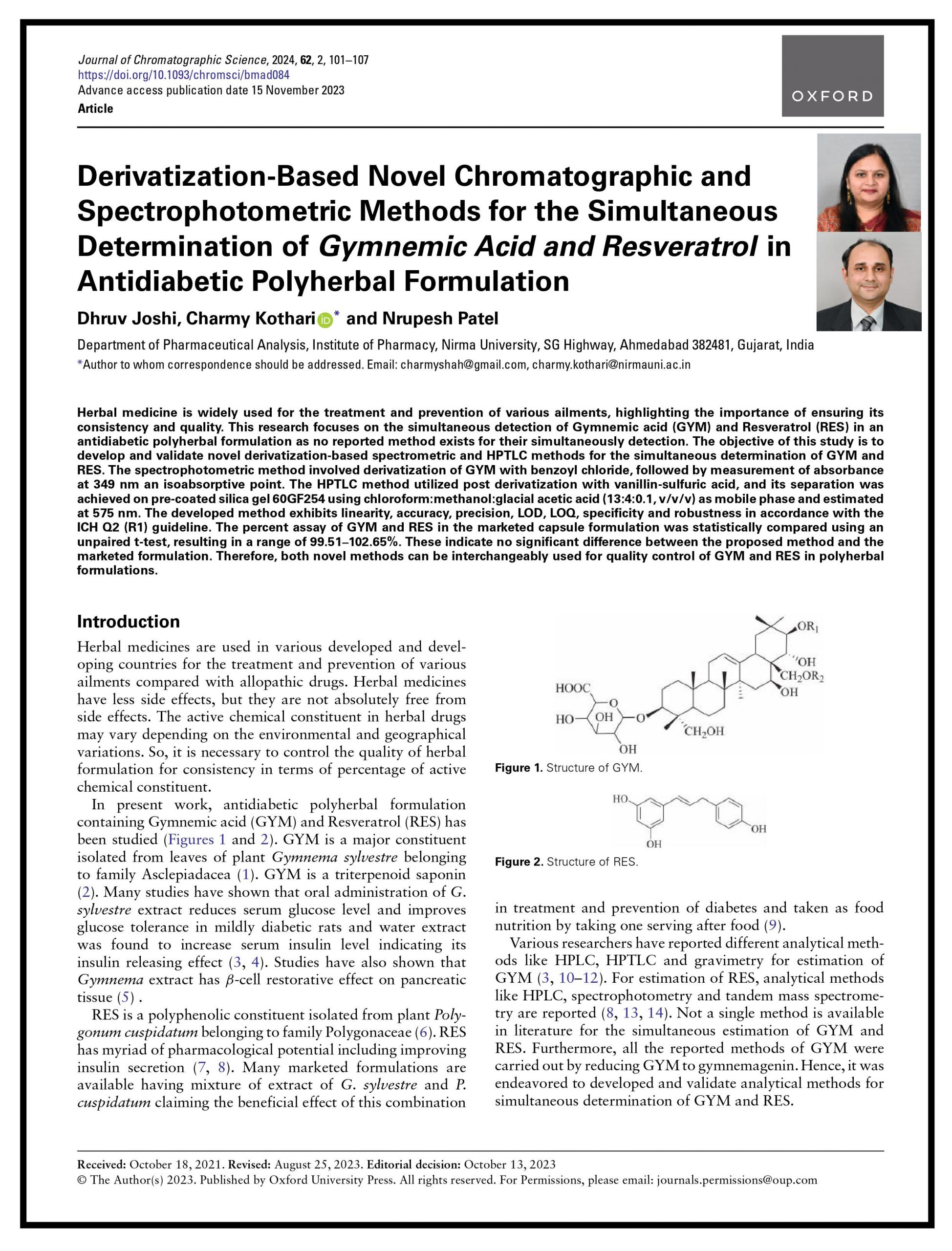 Derivatization-Based Novel Chromatographic and Spectrophotometric Methods for the Simultaneous Determination of Gymnemic Acid and Resveratrol in Antidiabetic Polyherbal Formulation