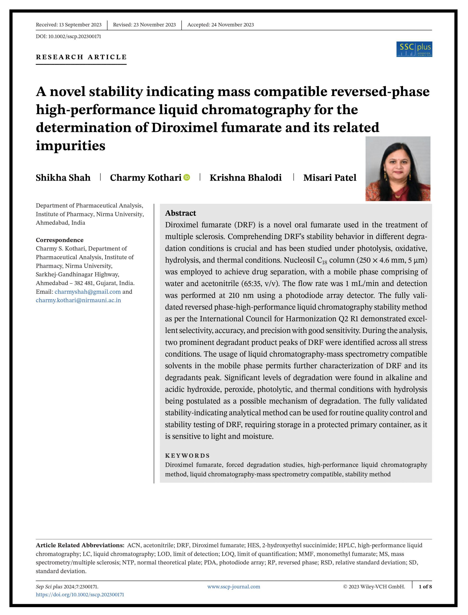 A novel stability indicating mass compatible reversed-phase high-performance liquid chromatography for the determination of Diroximel fumarate and its related Impurities
