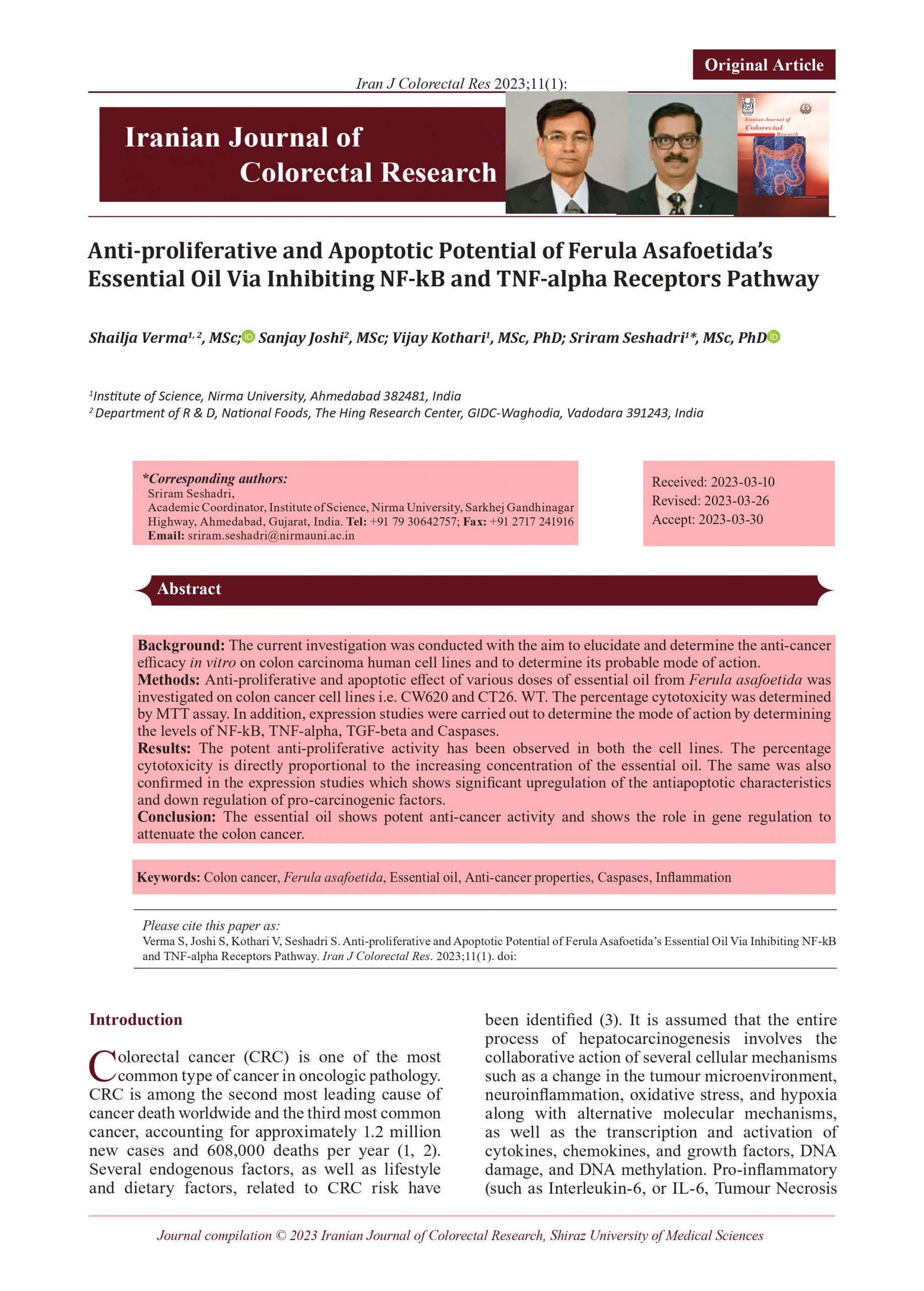 Anti-proliferative and Apoptotic Potential of Ferula Asafoetida’s Essential Oil Via Inhibiting NF-kB and TNF-alpha Receptors Pathway