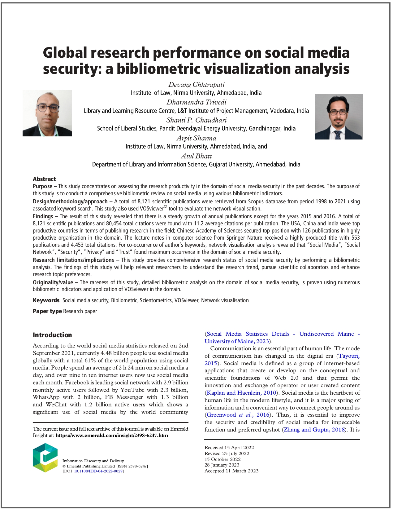 Global Research Performance on Social Media Security: A Bibliometric Visualization Analysis