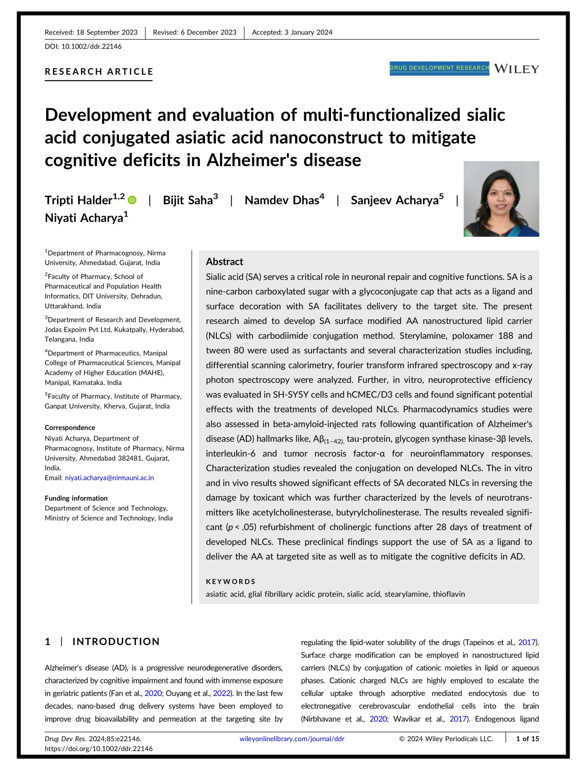 Development and evaluation of multi‐functionalized sialic acid conjugated asiatic acid nanoconstruct to mitigate cognitive deficits in Alzheimer’s disease