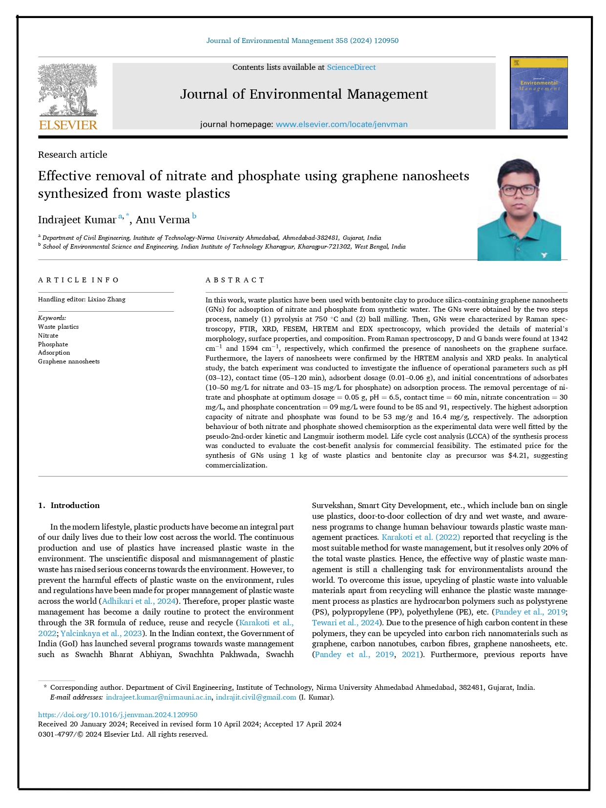 Effective removal of nitrate and phosphate using graphene nanosheets synthesized from waste plastics