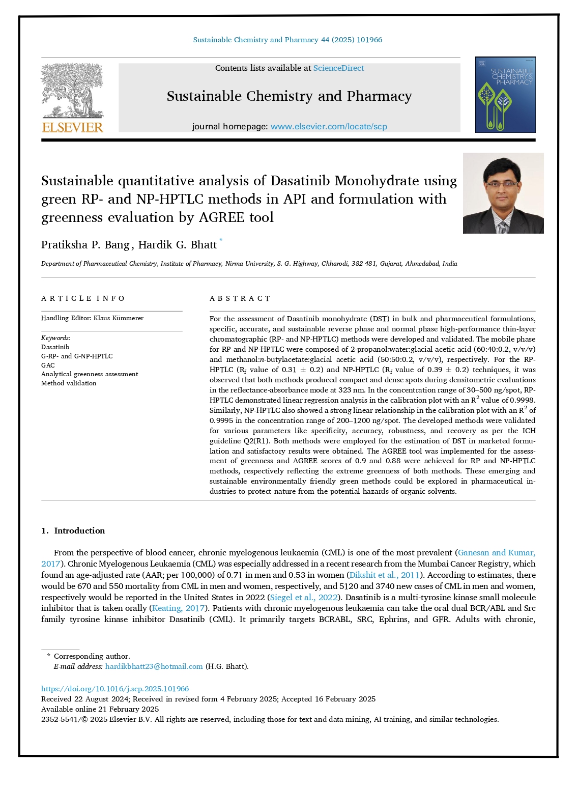 Sustainable quantitative analysis of Dasatinib Monohydrate using green RP- and NP-HPTLC methods in API and formulation with greenness evaluation by AGREE tool
