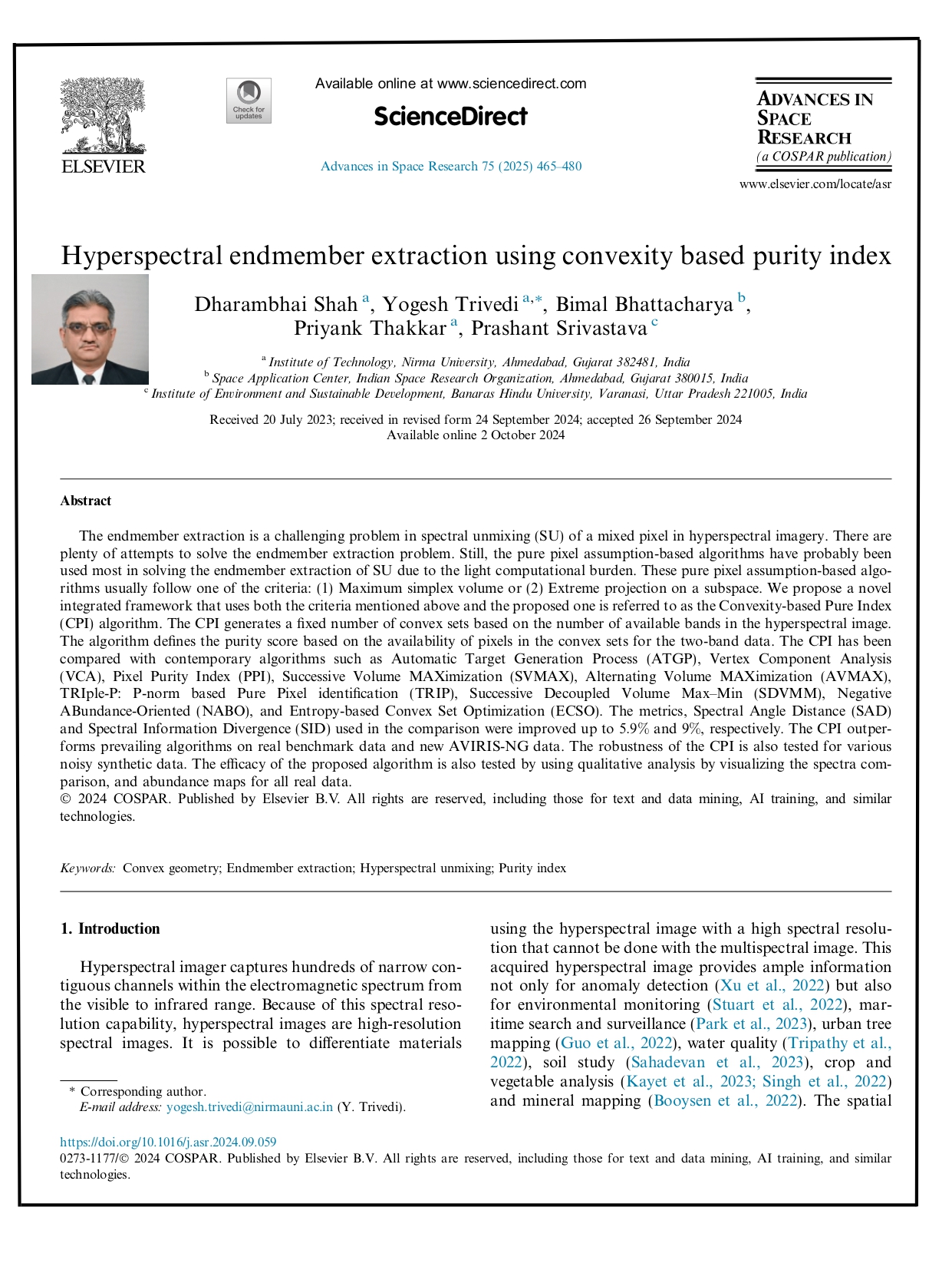 Hyperspectral endmember extraction using convexity based purity index