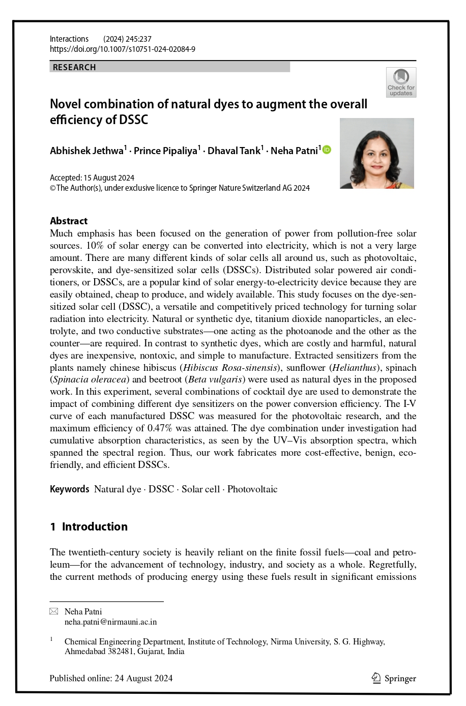 Novel combination of natural dyes to augment the overall efficiency of DSSC