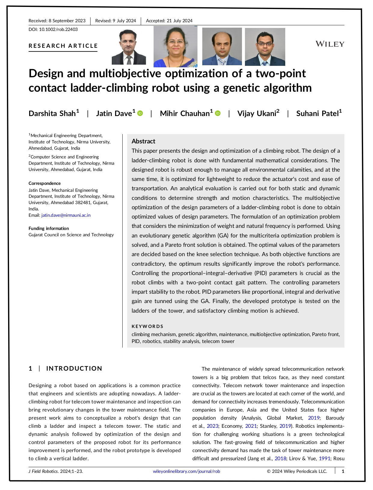 Design and multi-objective optimization of a two‐point contact ladder‐climbing robot using a genetic algorithm