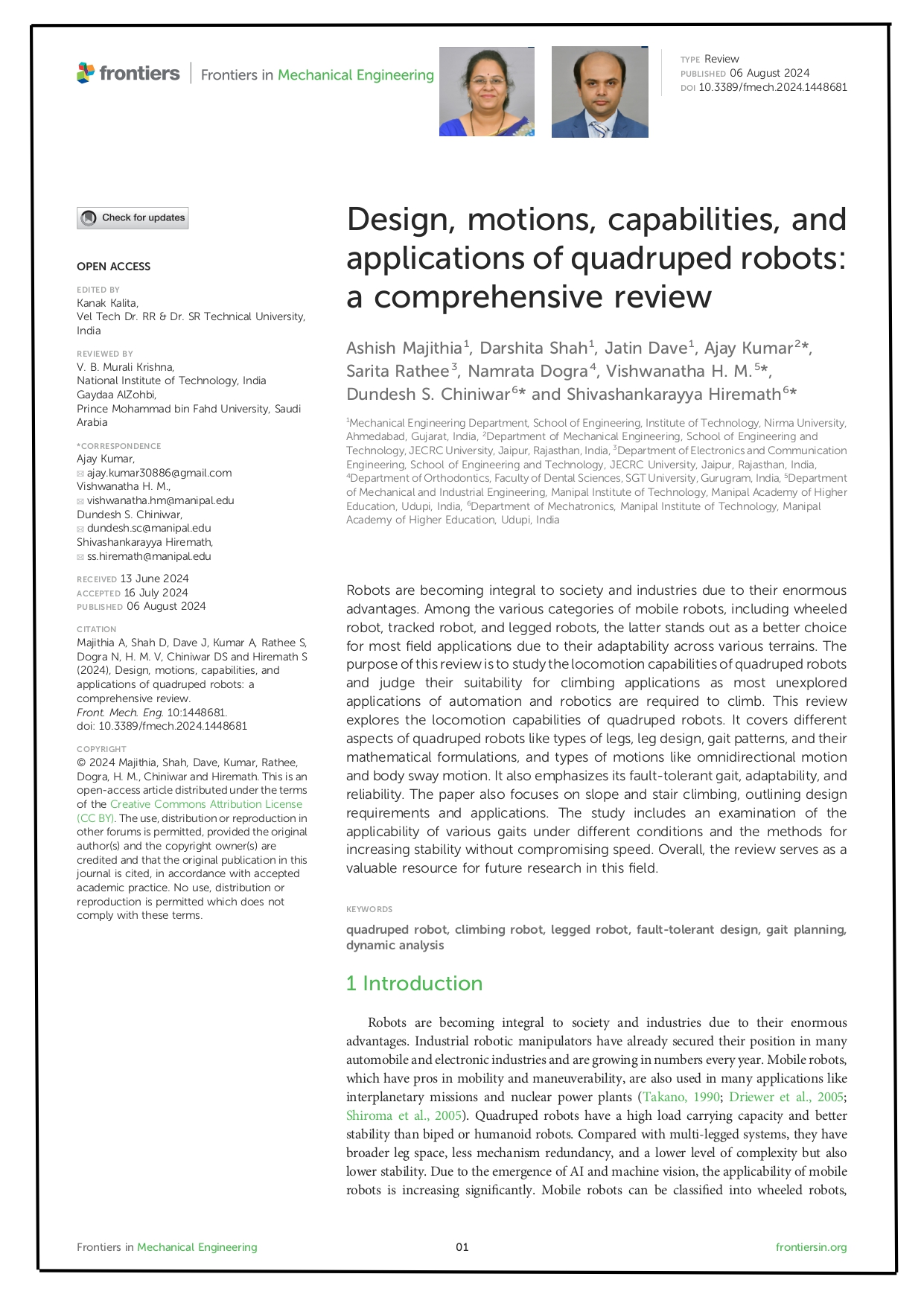 Design, motions, capabilities and applications of quadruped robots: a comprehensive review
