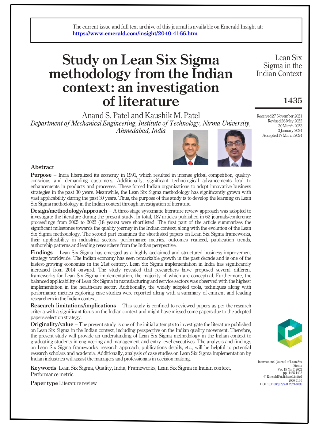Study on Lean Six Sigma methodology from the Indian Context: An Investigation of Literature