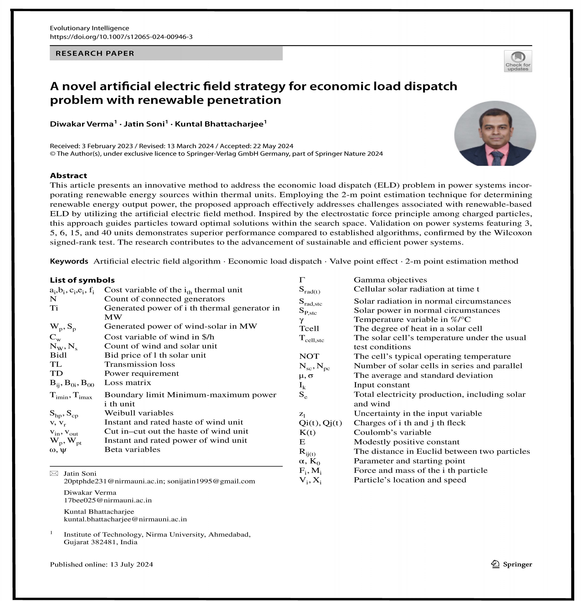 A novel artificial electric field strategy for economic load dispatch problem with renewable penetration