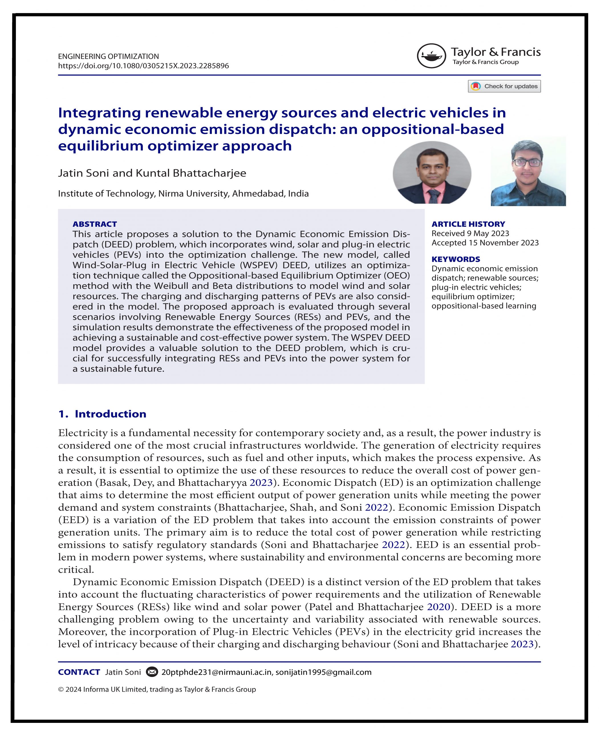Integrating renewable energy sources and electric vehicles in dynamic economic emission dispatch: an oppositional-based equilibrium optimizer approach