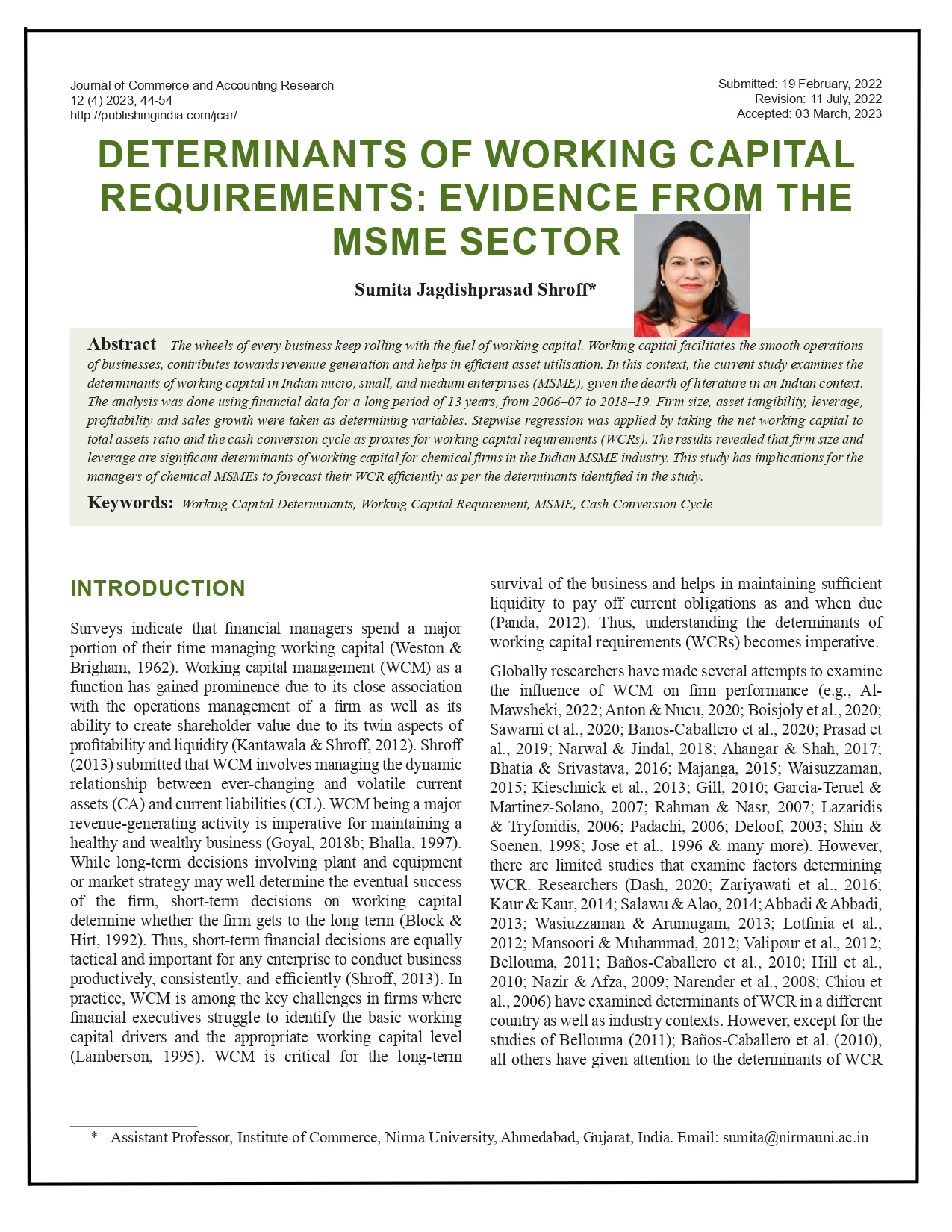 Determinants of working capital requirements: Evidence from the MSME sector