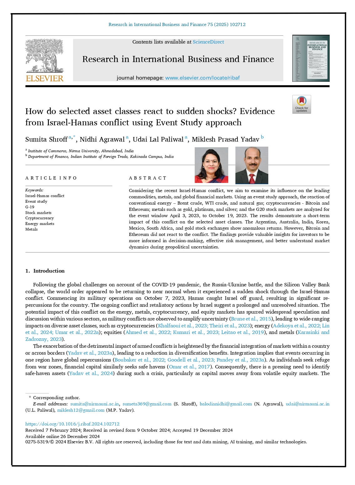 How do selected asset classes react to sudden shocks? Evidence from Israel-Hamas conflict using event study approach