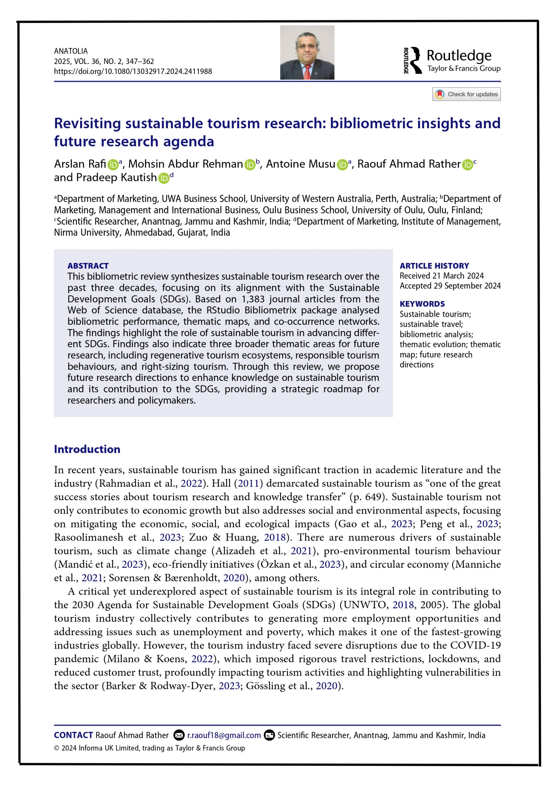 Revisiting sustainable tourism research: bibliometric insights and future research agenda