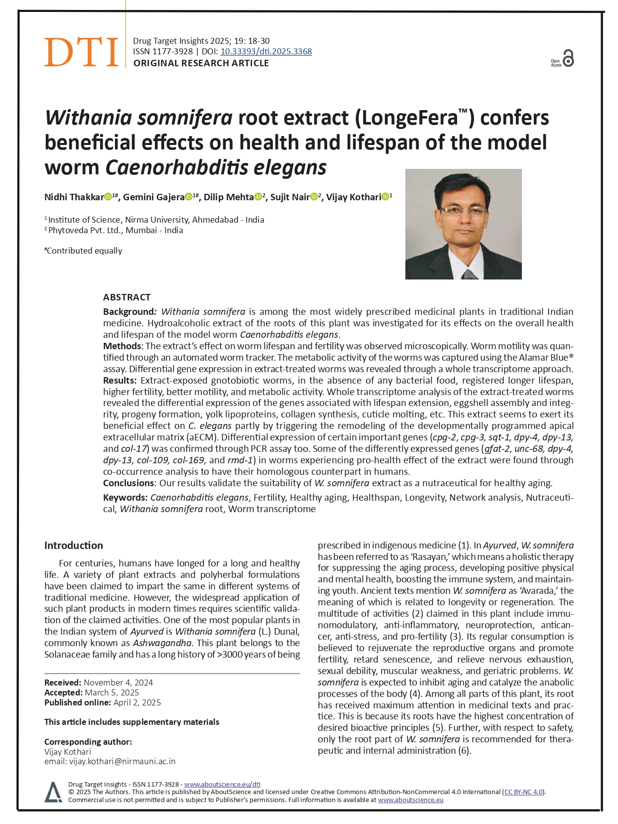 Withania somnifera root extract (LongeFeraTM) confers beneficial effects on health and lifespan of the model worm Caenorhabditis elegans
